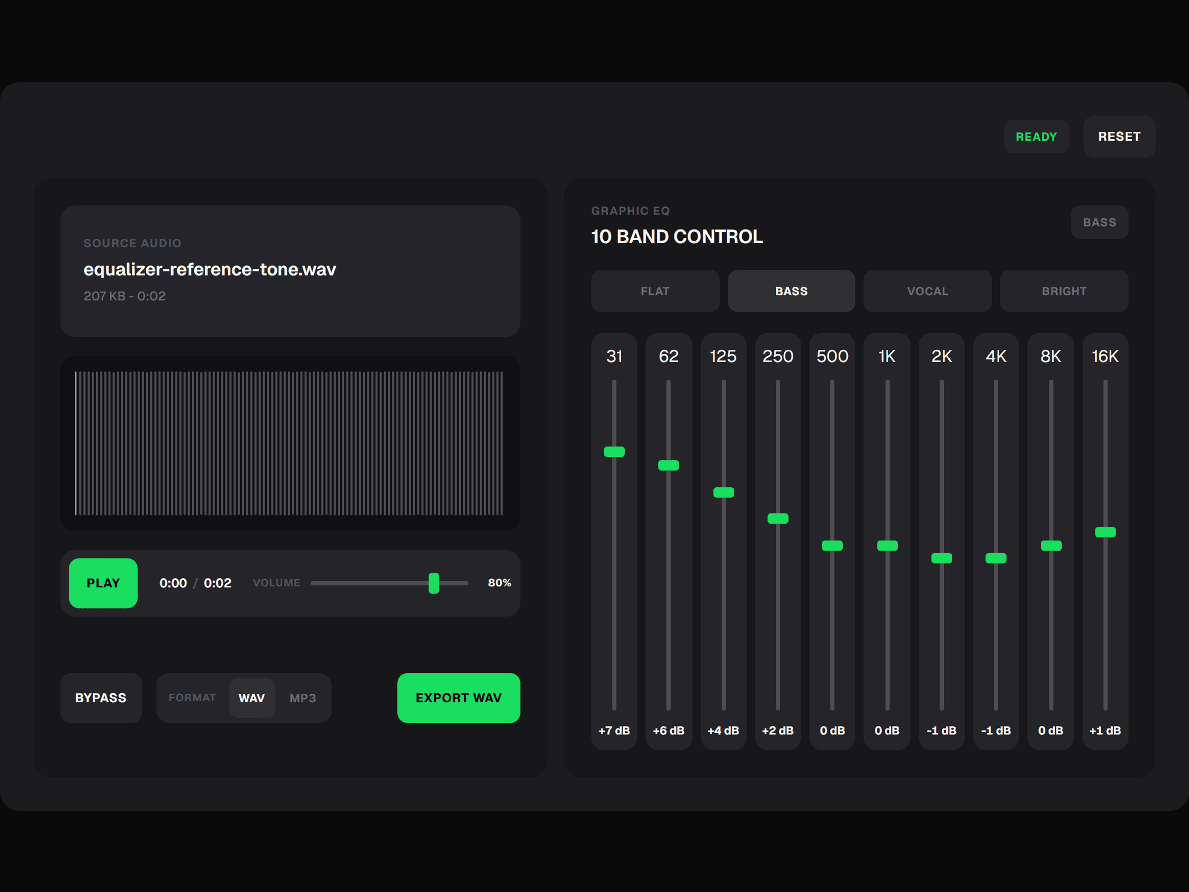 10-band audio equalizer with the Bass preset selected