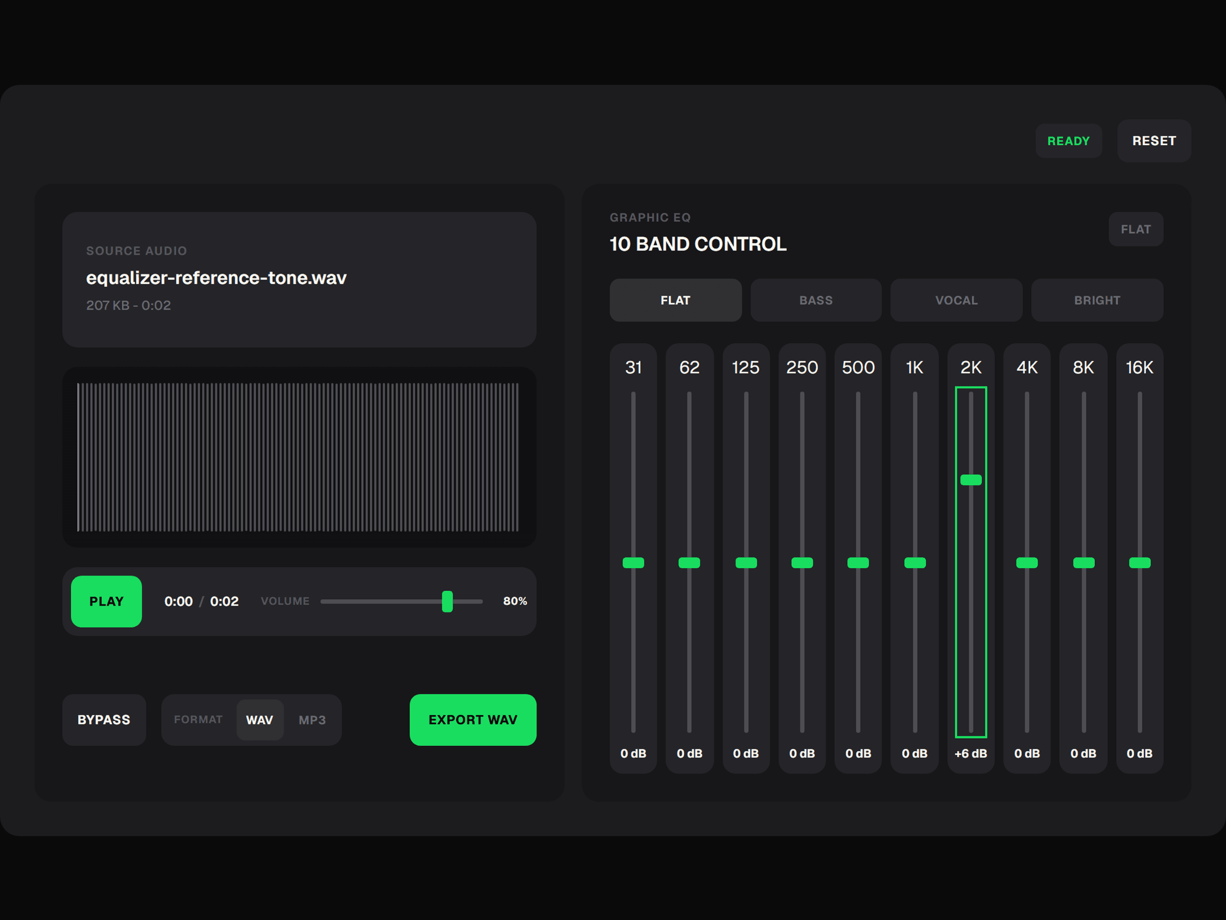 10-band audio equalizer with manually adjusted frequency sliders