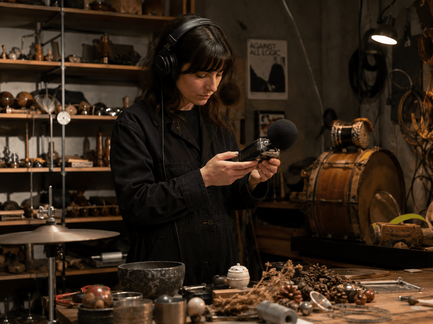 Sound designer checking a field recorder in an instrument-filled studio