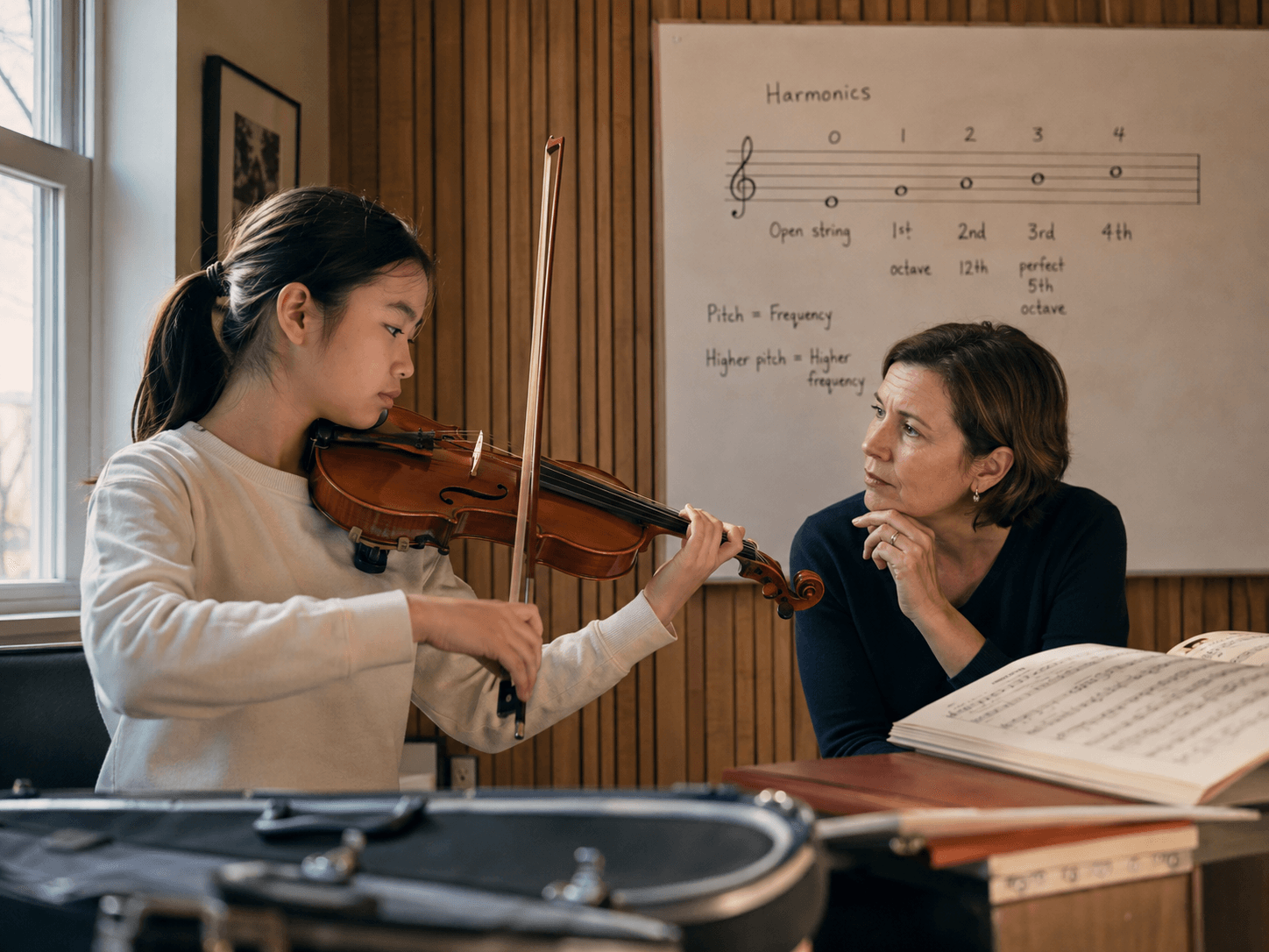 Violin student and teacher discussing harmonics during a lesson