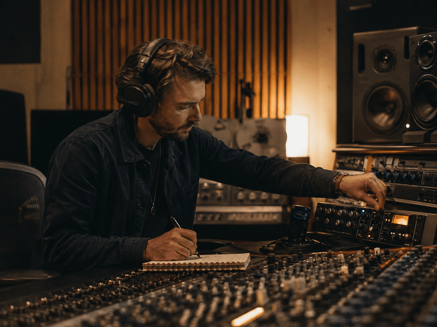 Mix engineer listening in a studio beside a recording console