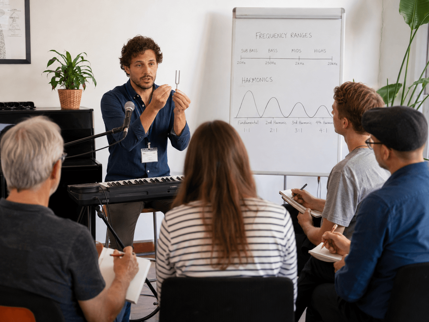Music teacher explaining frequency ranges and harmonics to a class