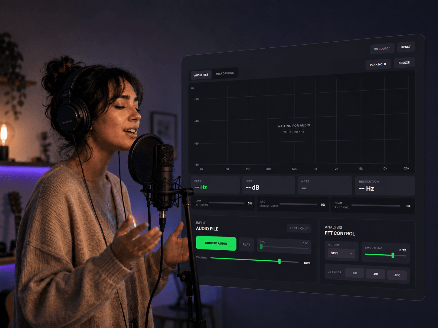Singer using an audio spectrum analyzer workspace beside a studio microphone