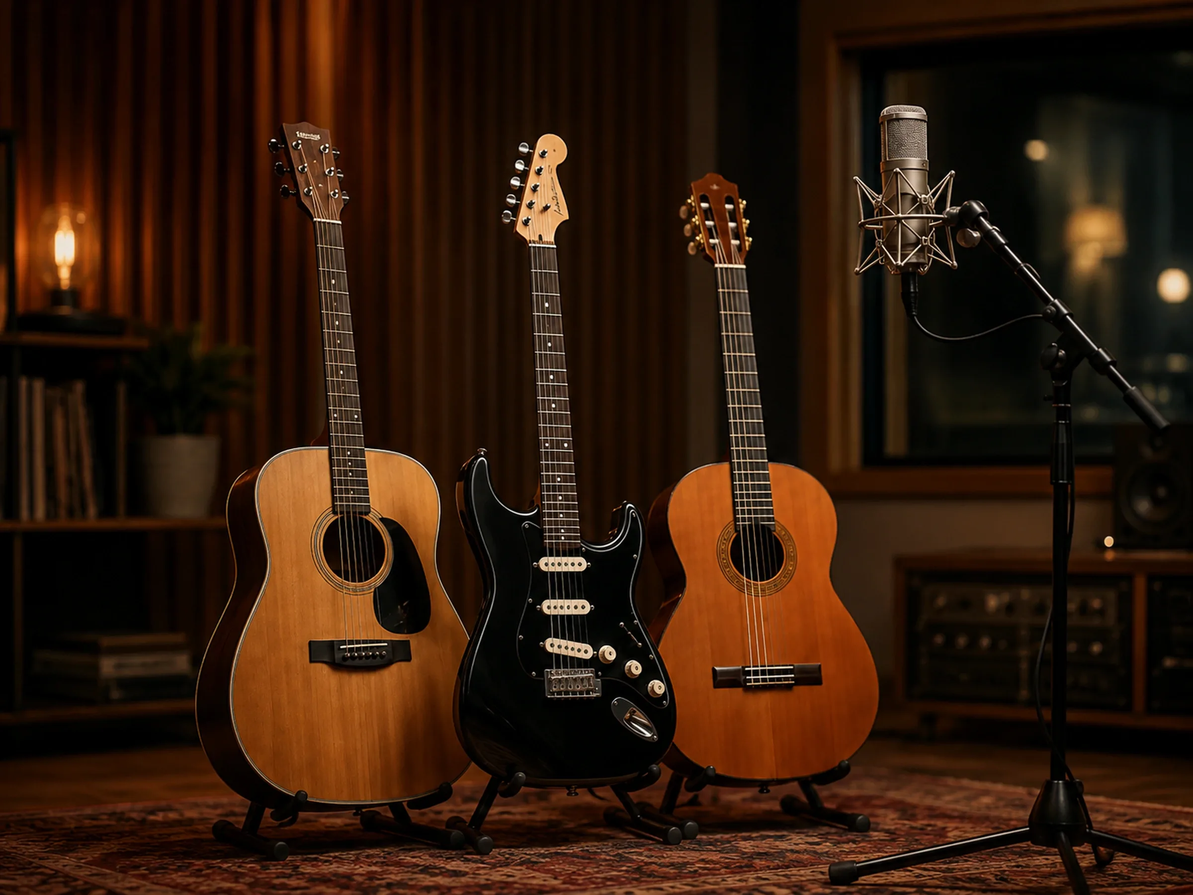 Acoustic, electric, and classical guitars beside a studio microphone