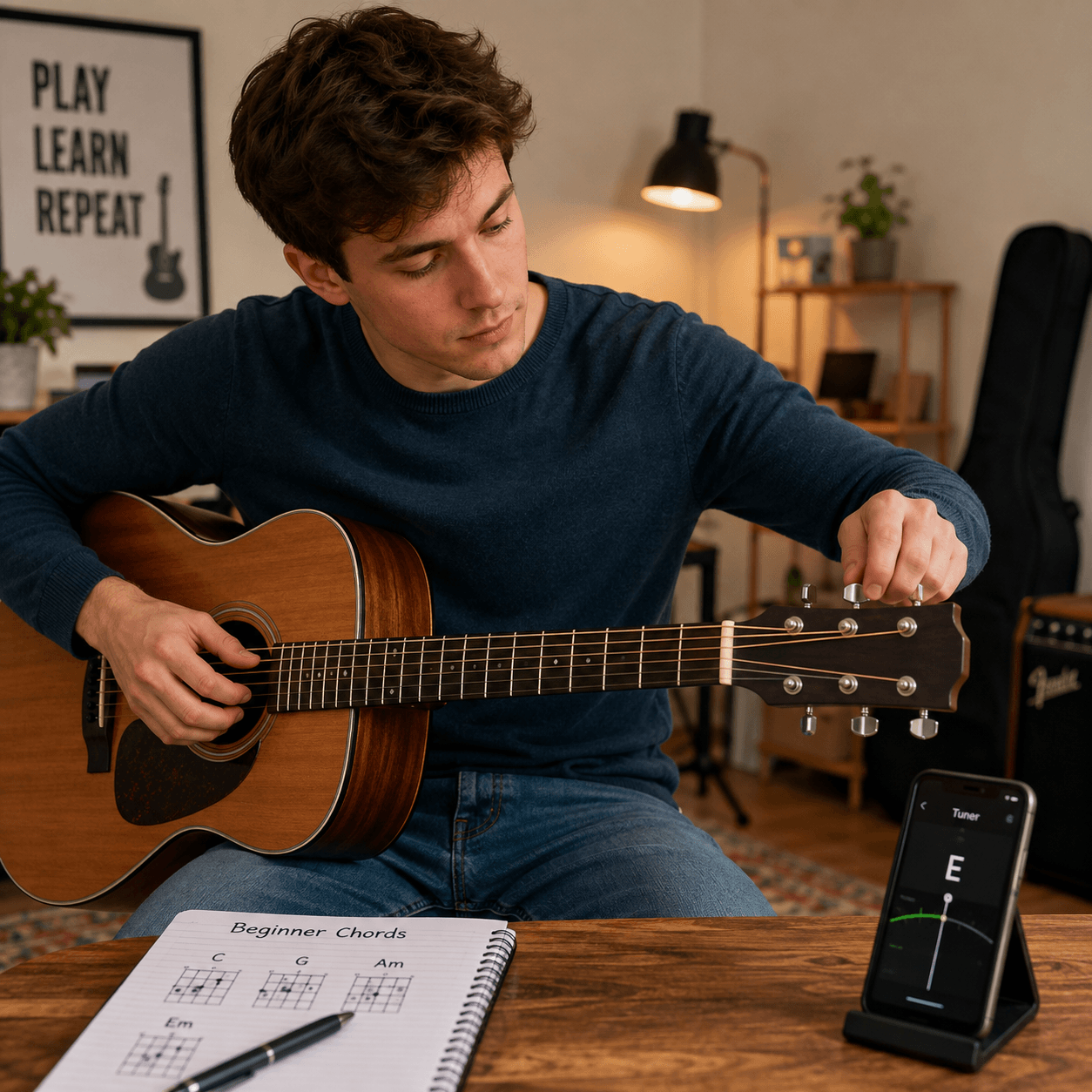 Player tuning an acoustic guitar beside a phone showing a tuner