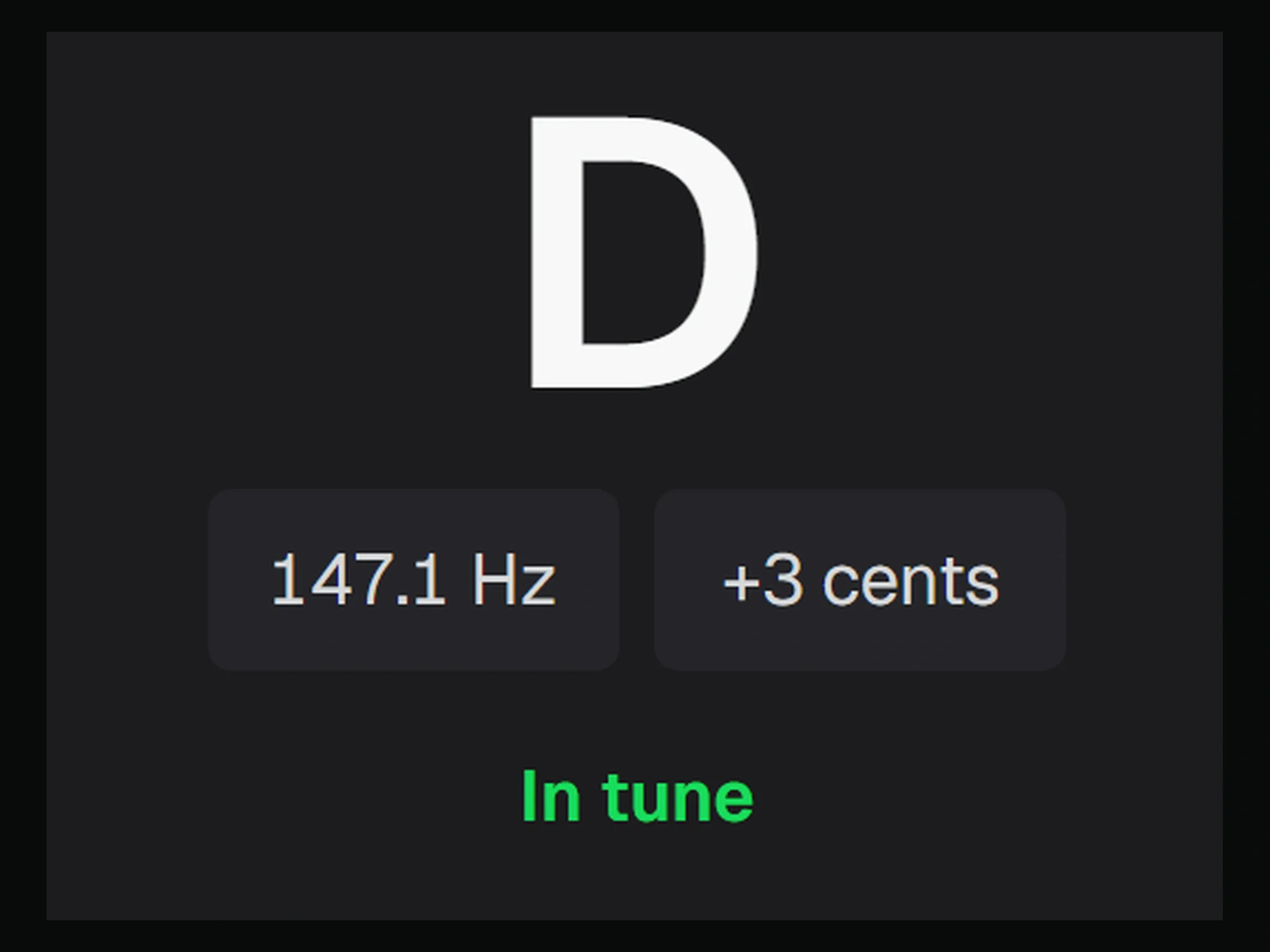 Guitar Tuner reading D at 147.1 Hz and plus 3 cents