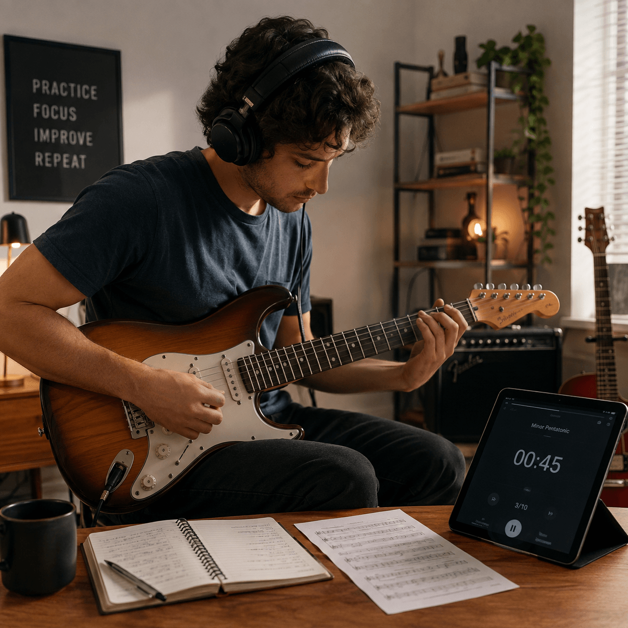 Player practicing electric guitar with headphones and sheet music