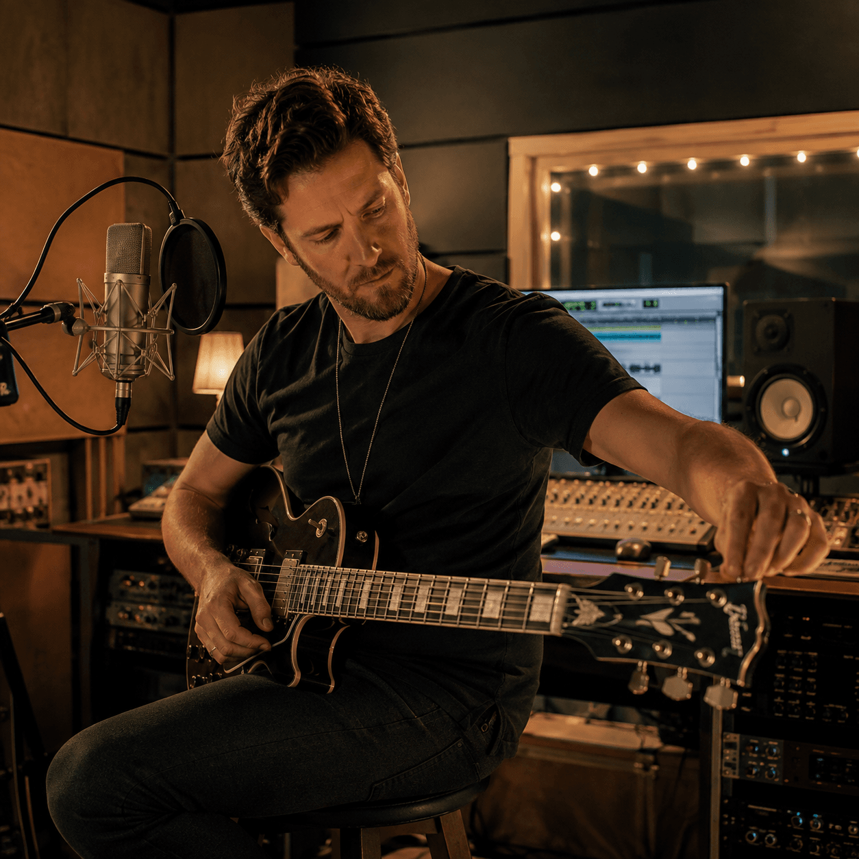 Guitarist tuning an electric guitar in a recording studio