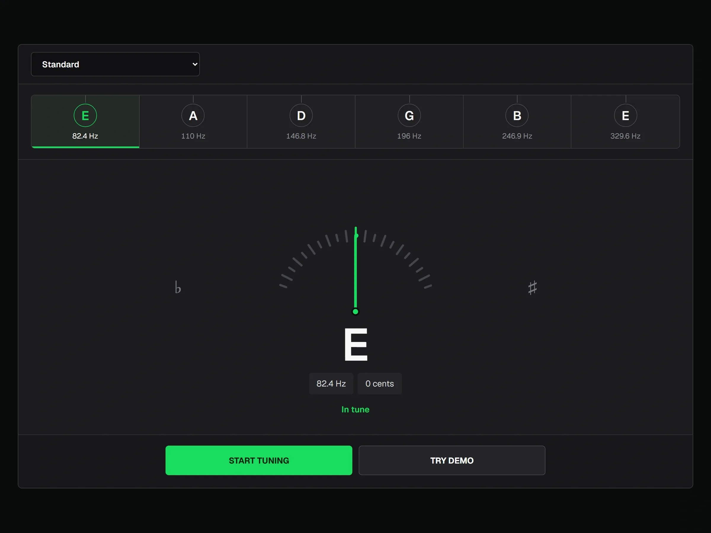 Guitar Tuner in Standard tuning with the low E string at 82.4 Hz and 0 cents