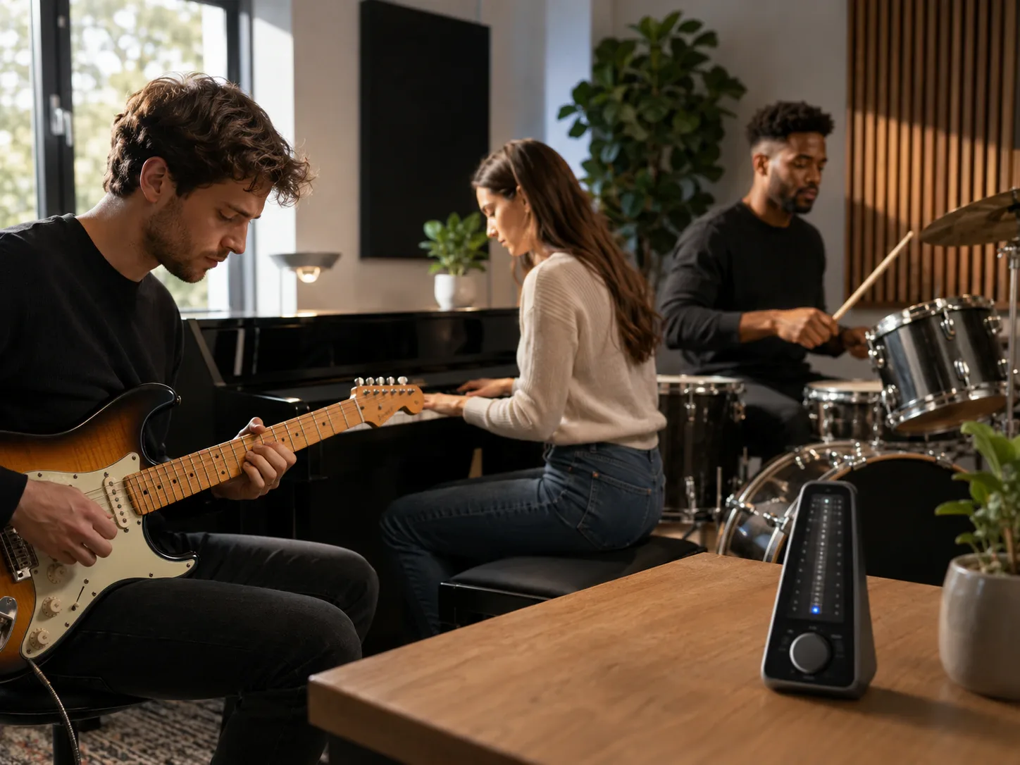 Guitarist, pianist, and drummer practicing together with a tabletop metronome