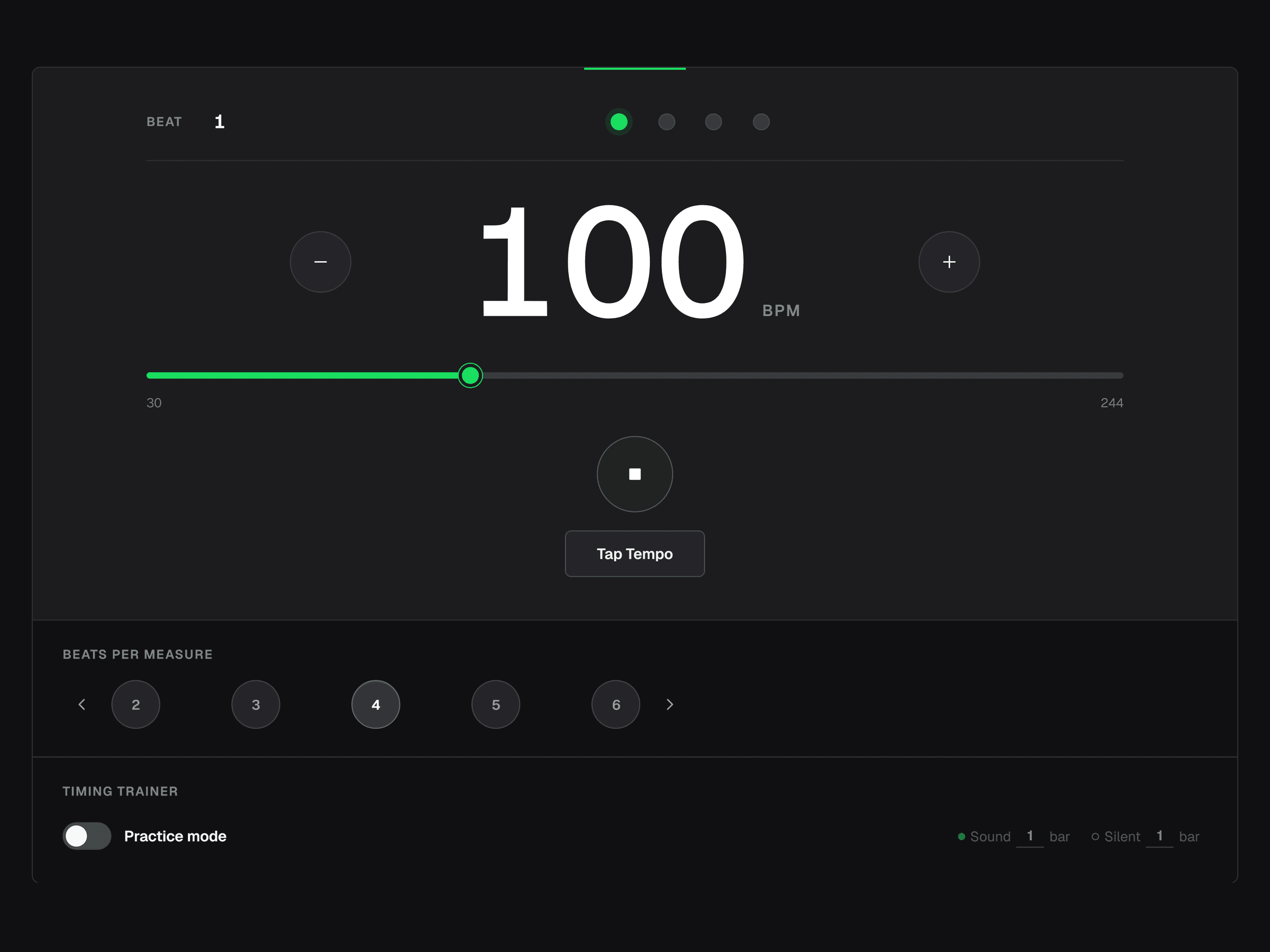 Online Metronome at 100 BPM with beat one active in a four-beat measure