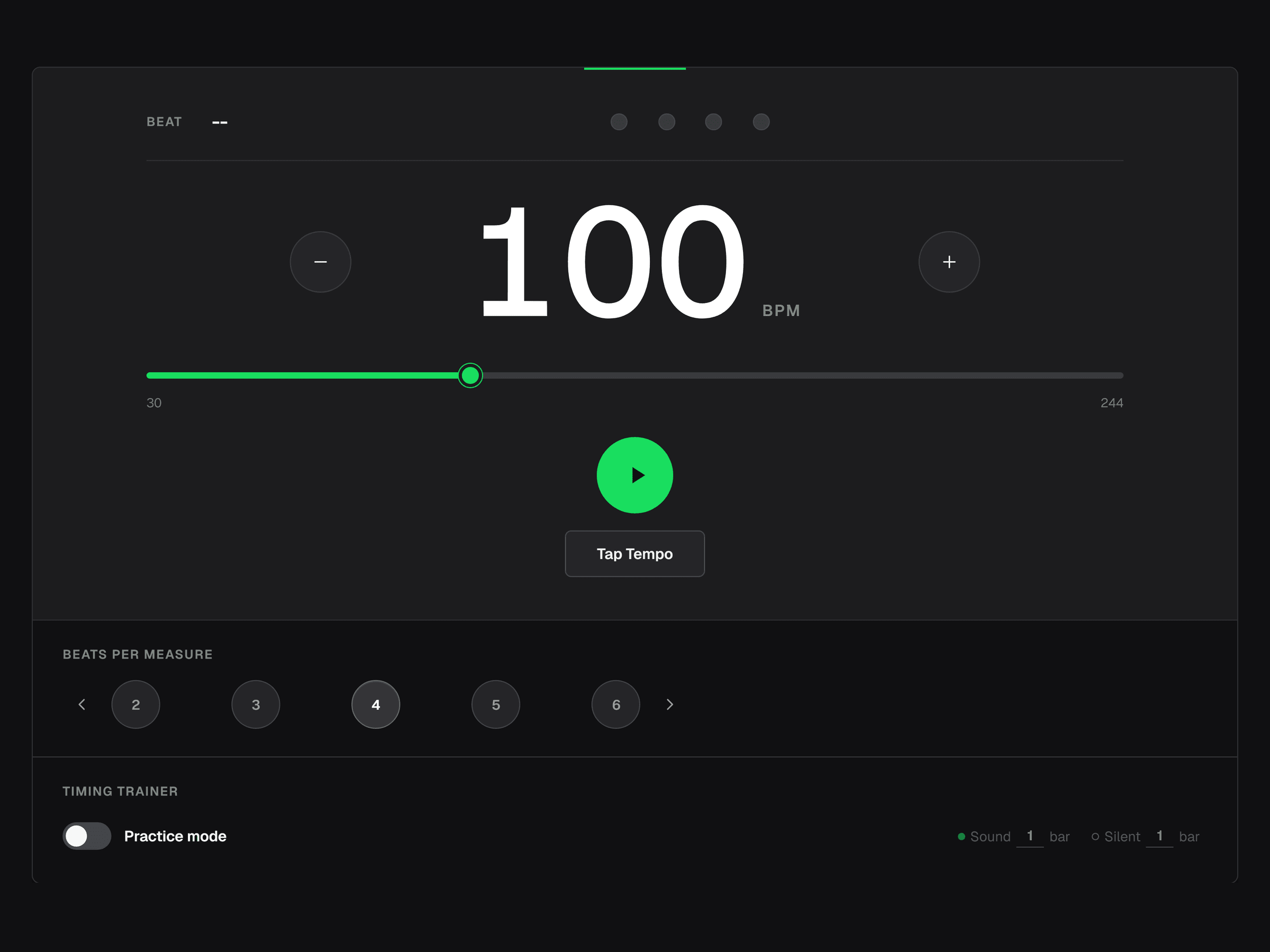 Online Metronome set to 100 BPM with four beats per measure and practice mode controls