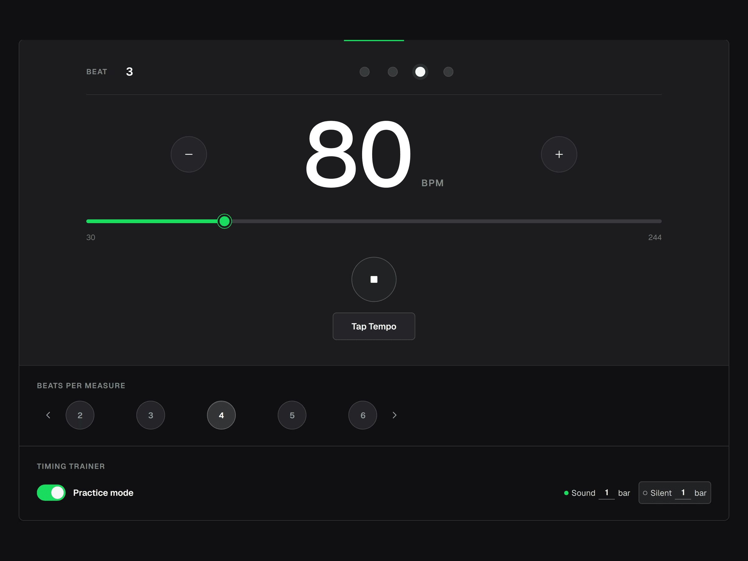 Online Metronome at 80 BPM with practice mode set to Silent 1 bar and beat three active