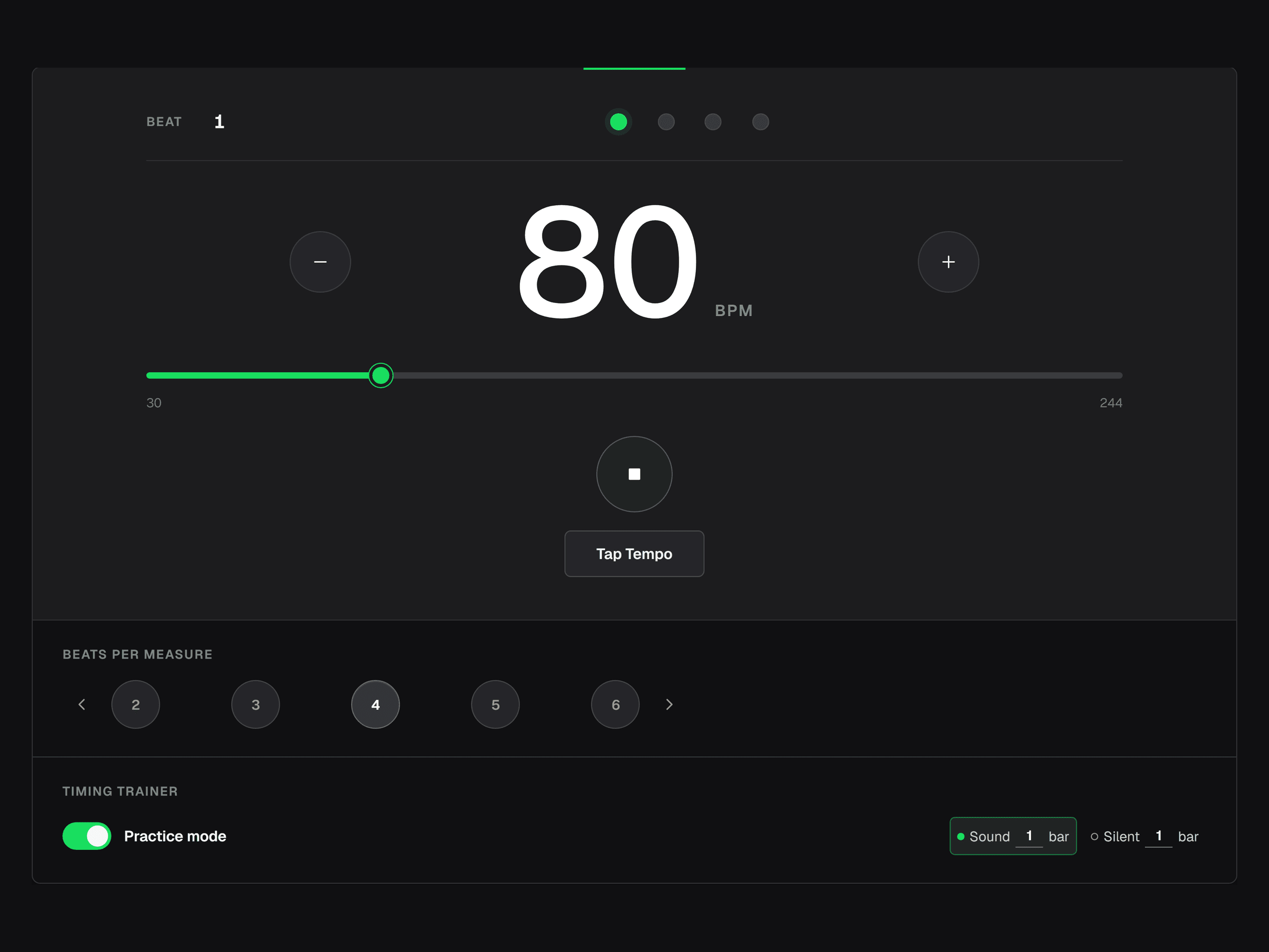 Online Metronome at 80 BPM with practice mode set to Sound 1 bar