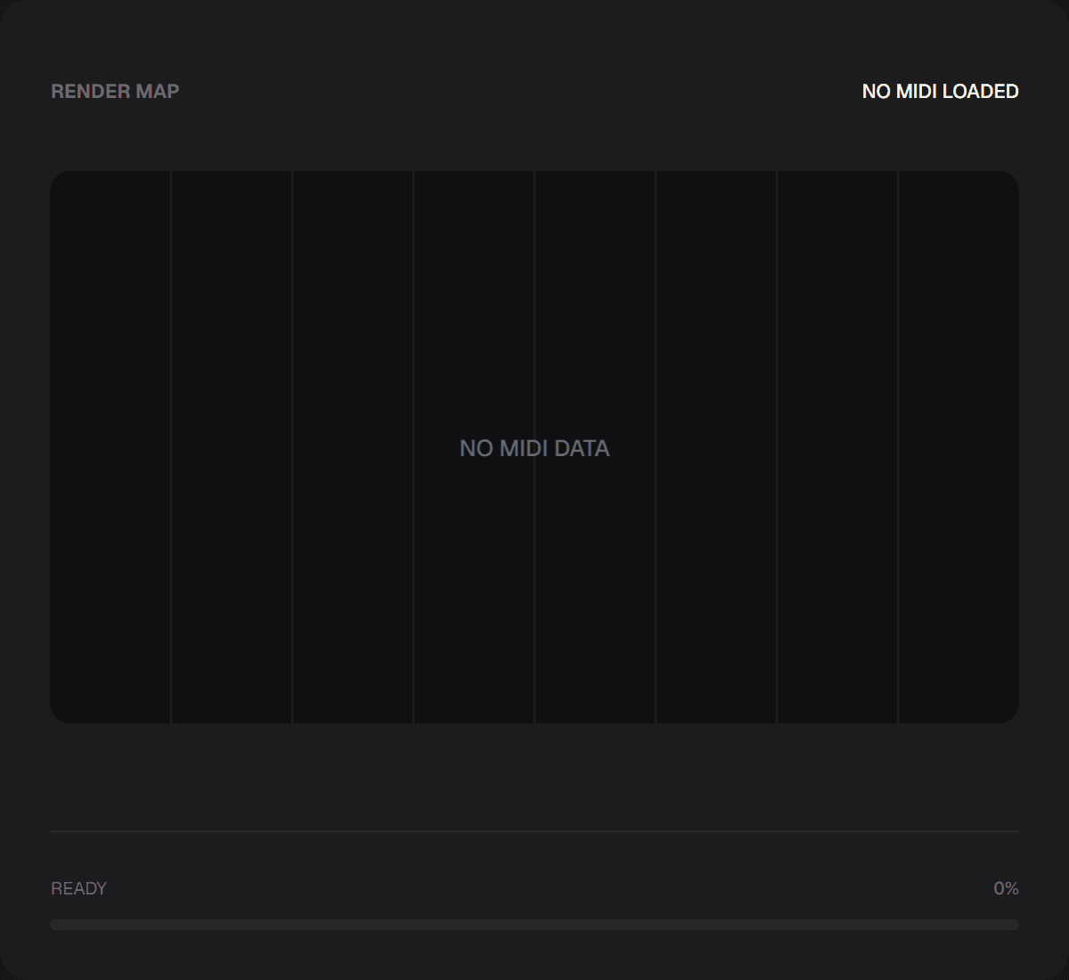 MIDI to MP3 Converter Render Map panel before a MIDI file is loaded, with the empty timeline and conversion progress