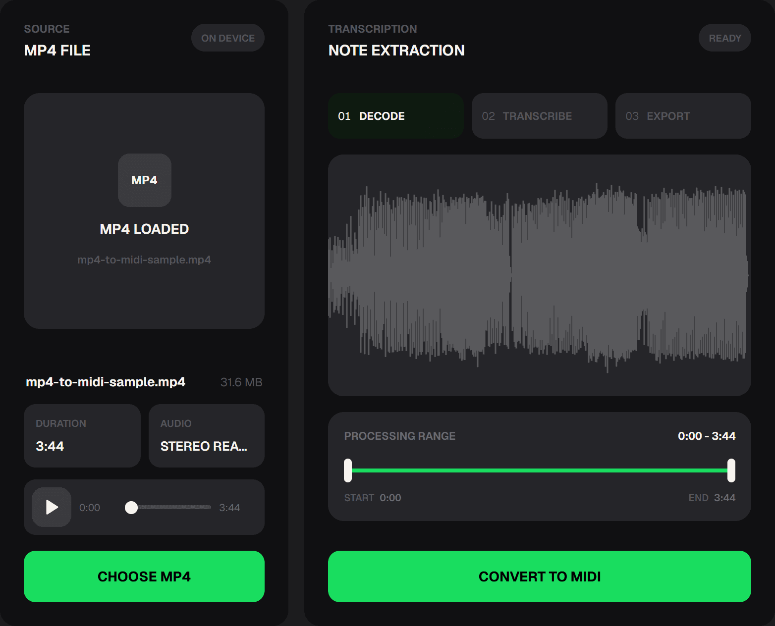 MP4 to MIDI Converter with an MP4 file loaded, source audio preview, waveform, and processing range controls