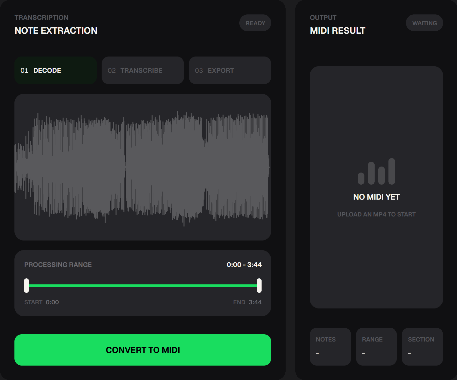 MP4 to MIDI Converter showing a loaded audio waveform, the processing range, and the waiting MIDI result panel before conversion