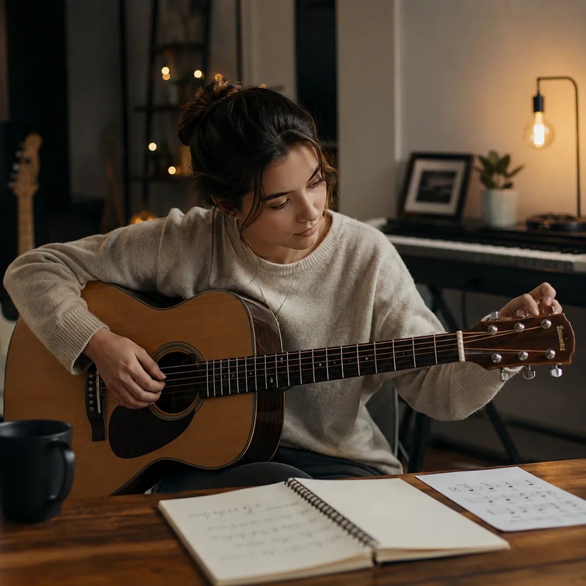 Beginner checking an acoustic guitar string with an online tuner at home