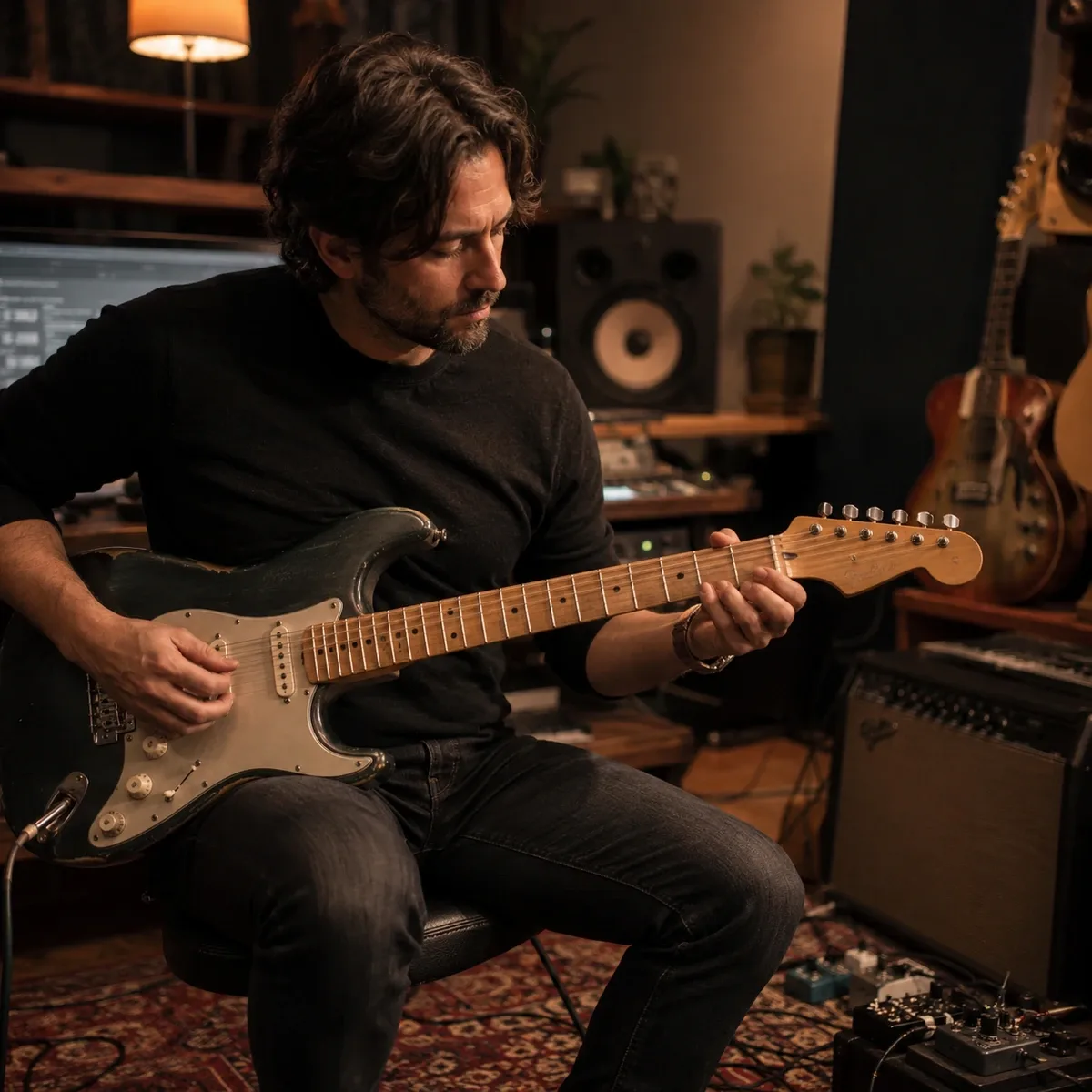 Guitarist checking an electric guitar note with an online tuner before practice