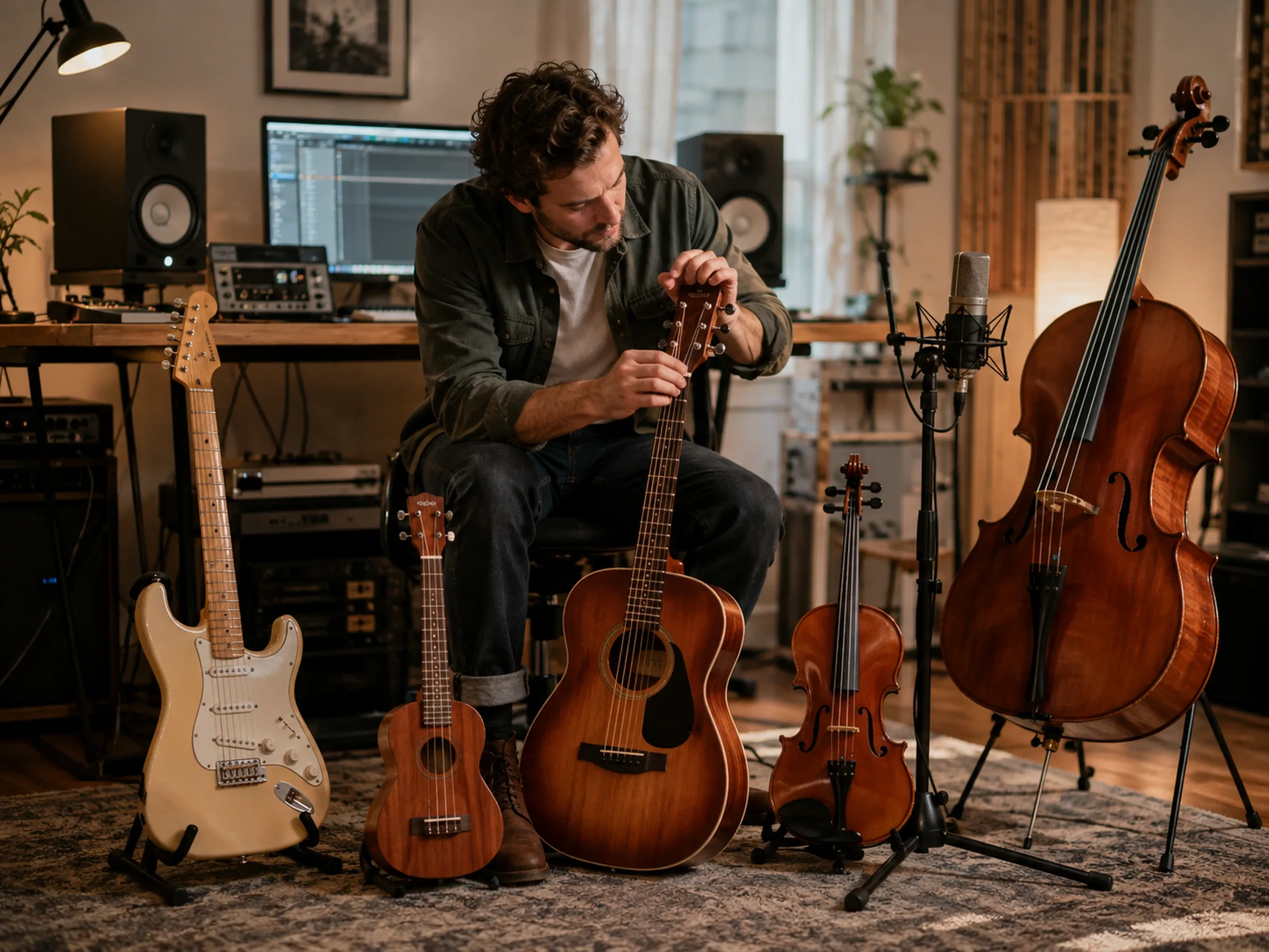 Musician checking a sustained instrument note with the Online Tuner in a home studio