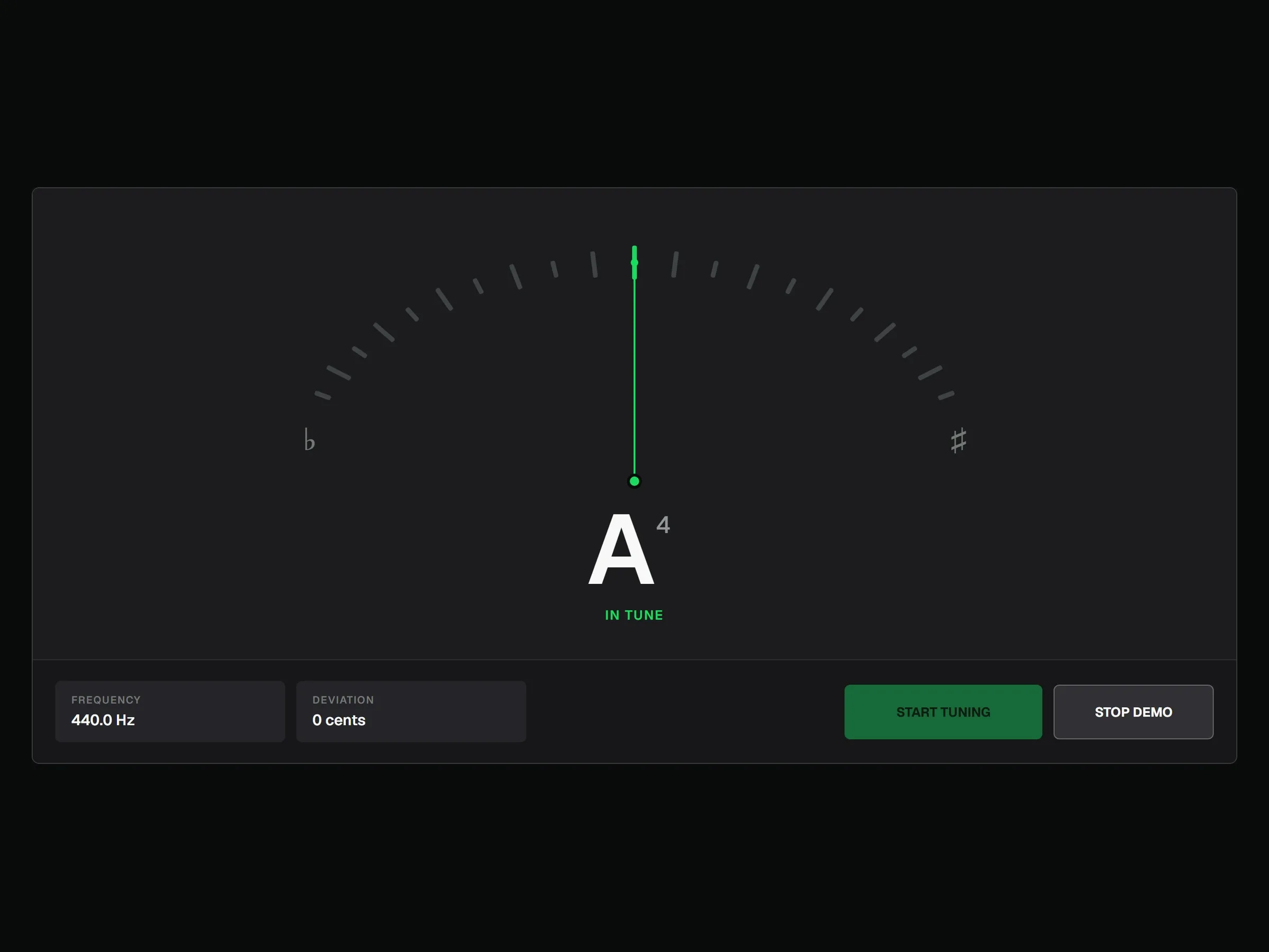 Online Tuner showing A4 at 440.0 Hz with a centered in-tune reading