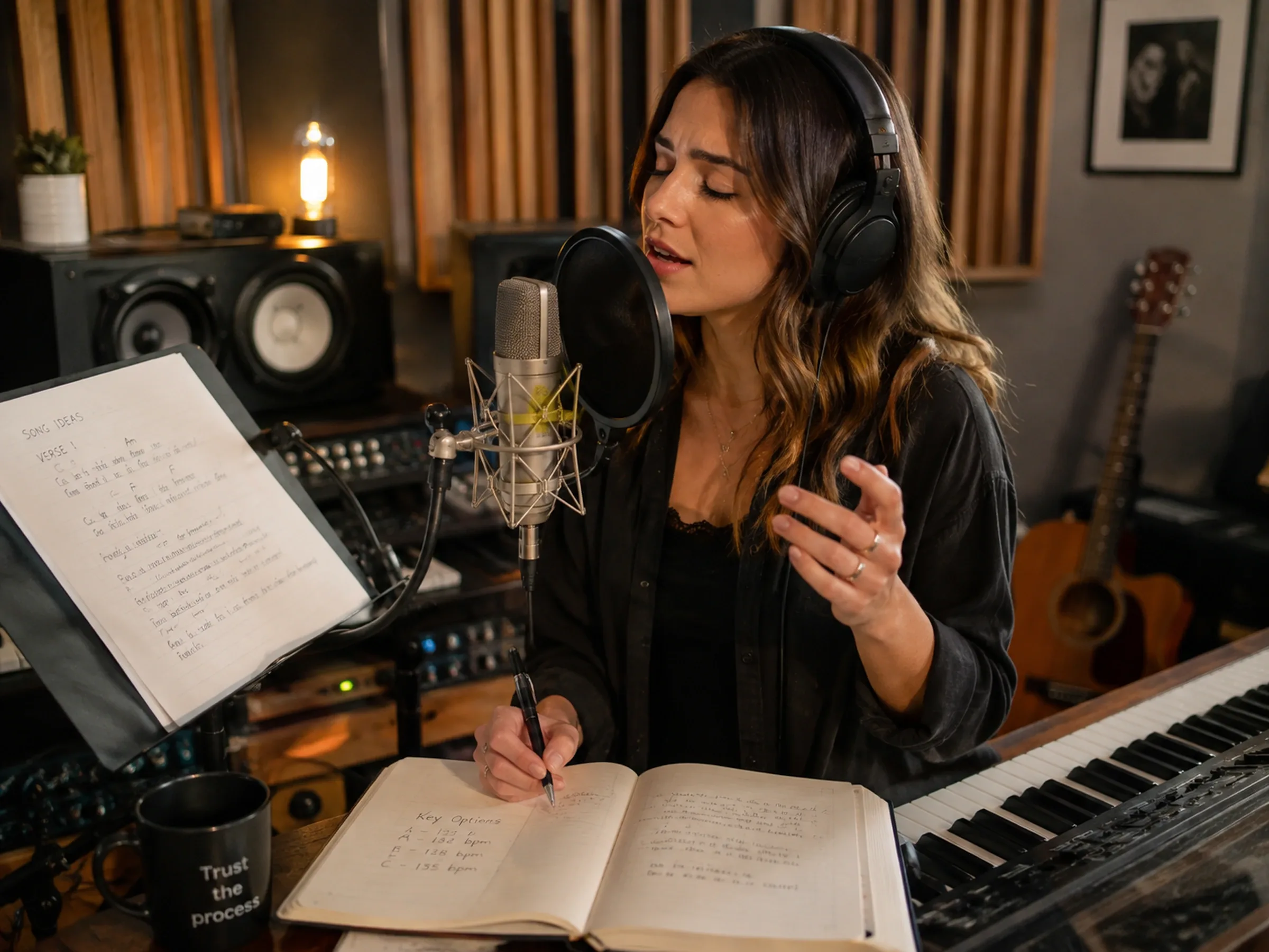 Singer recording vocals at a studio microphone with a notebook and keyboard