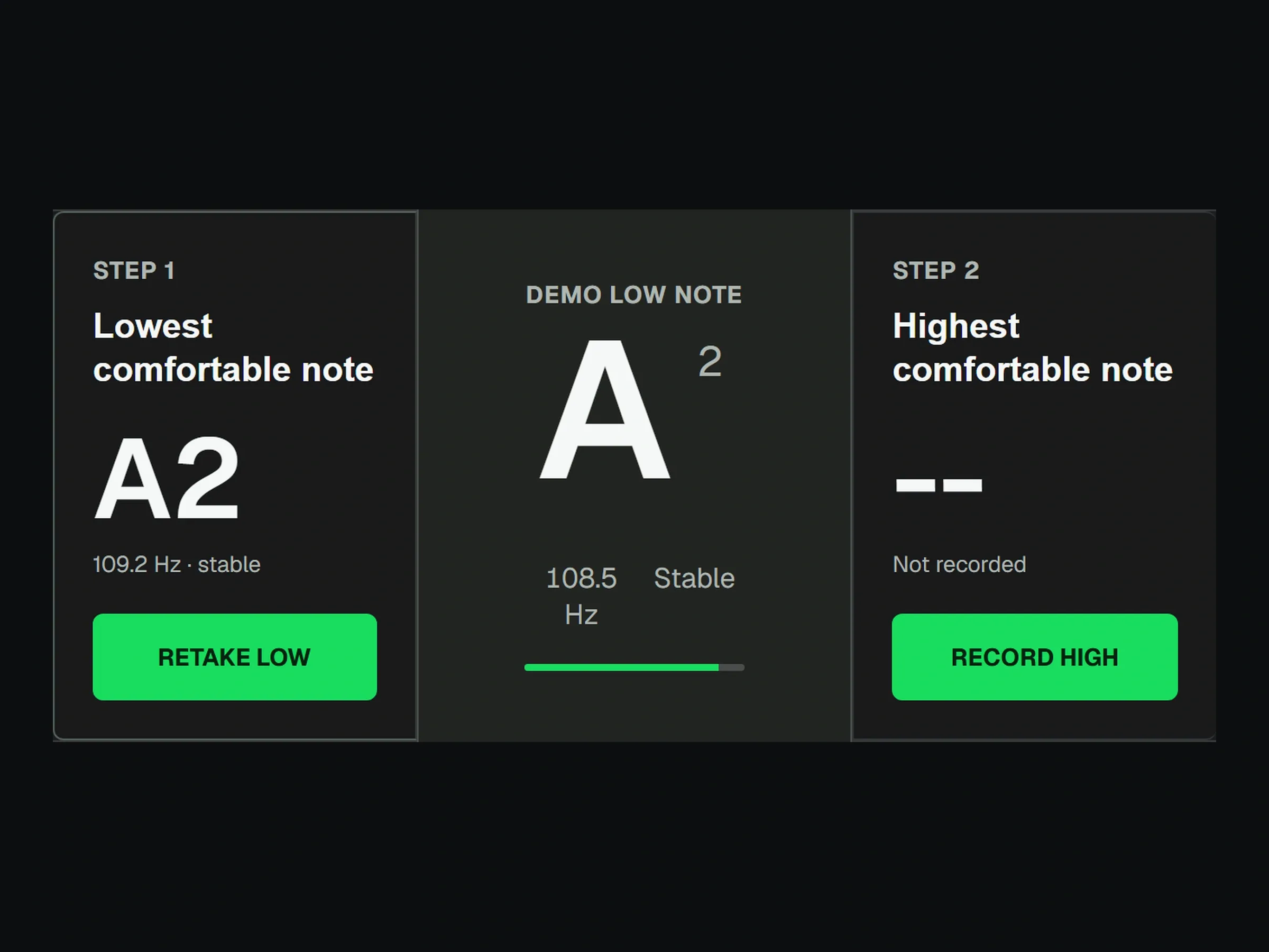 Vocal Range Test with an A2 low note recorded and controls to record a high note