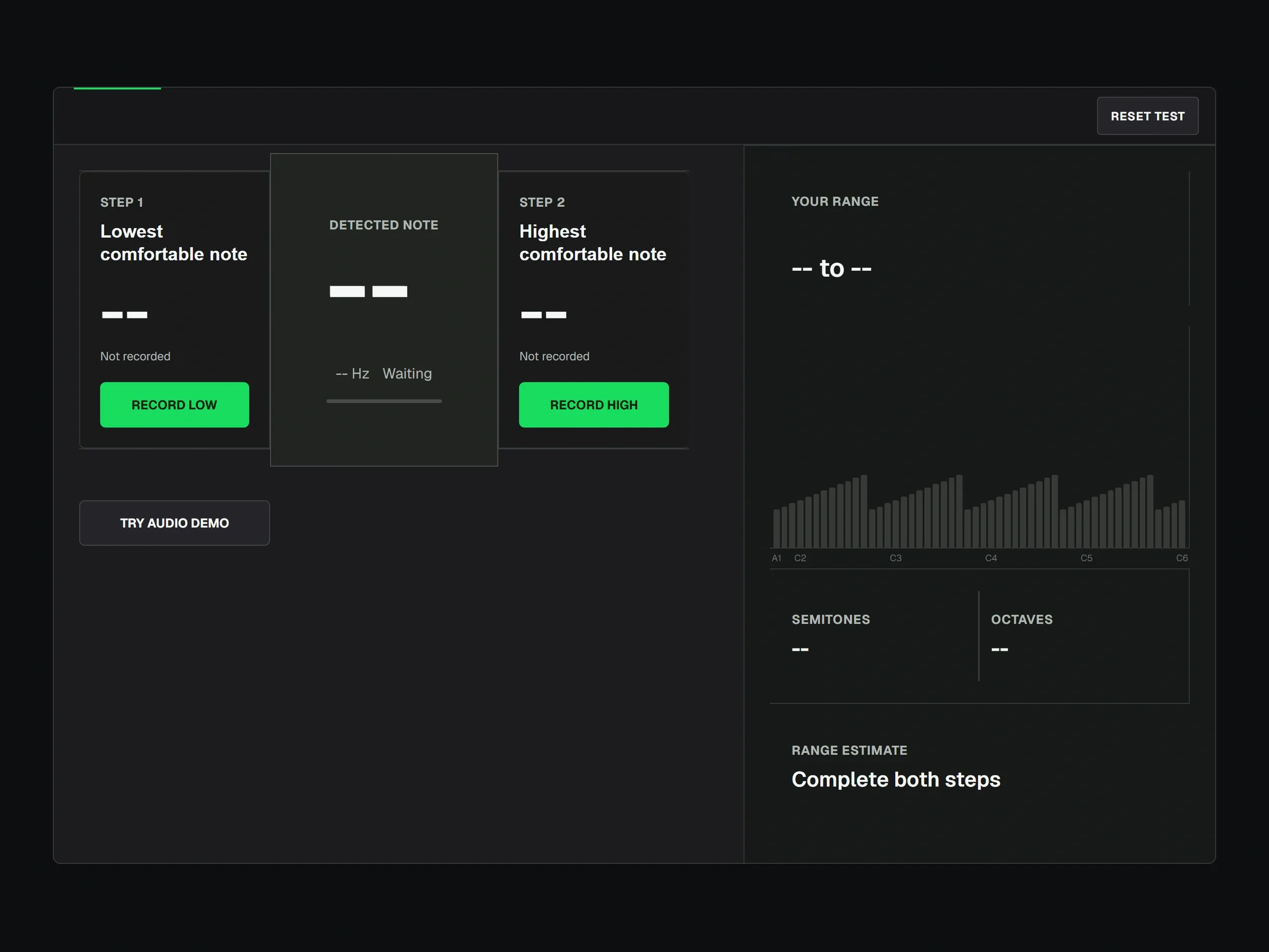 Vocal Range Test showing low-note and high-note recording steps with an empty range result panel
