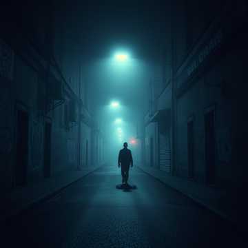Allein auf einer verlassenen Straße spät in einer nebligen Nacht gehen