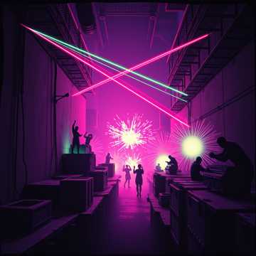 Tanzen unter den Laserstrahlen in einem weitläufigen Lagerraum.