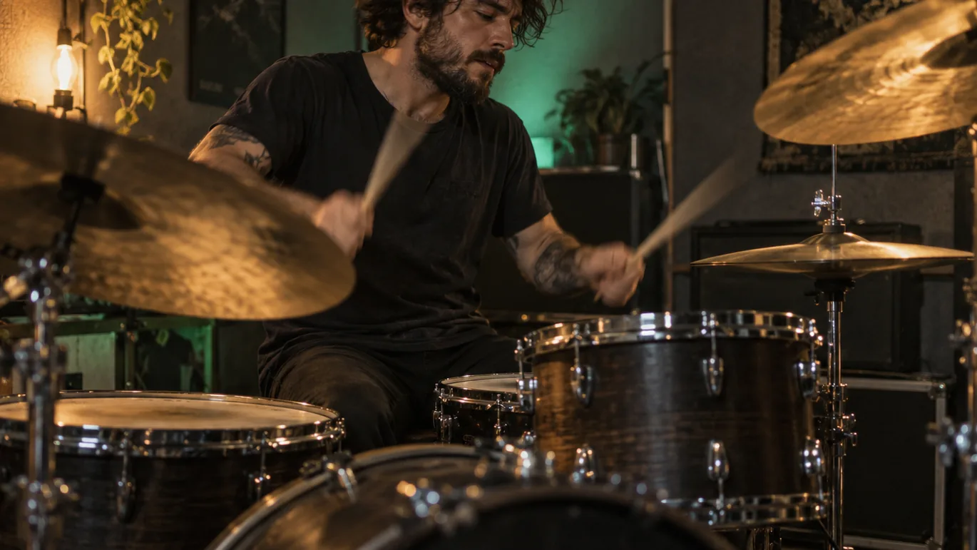 Drummer playing an acoustic kit in a dim rehearsal room with sticks in motion