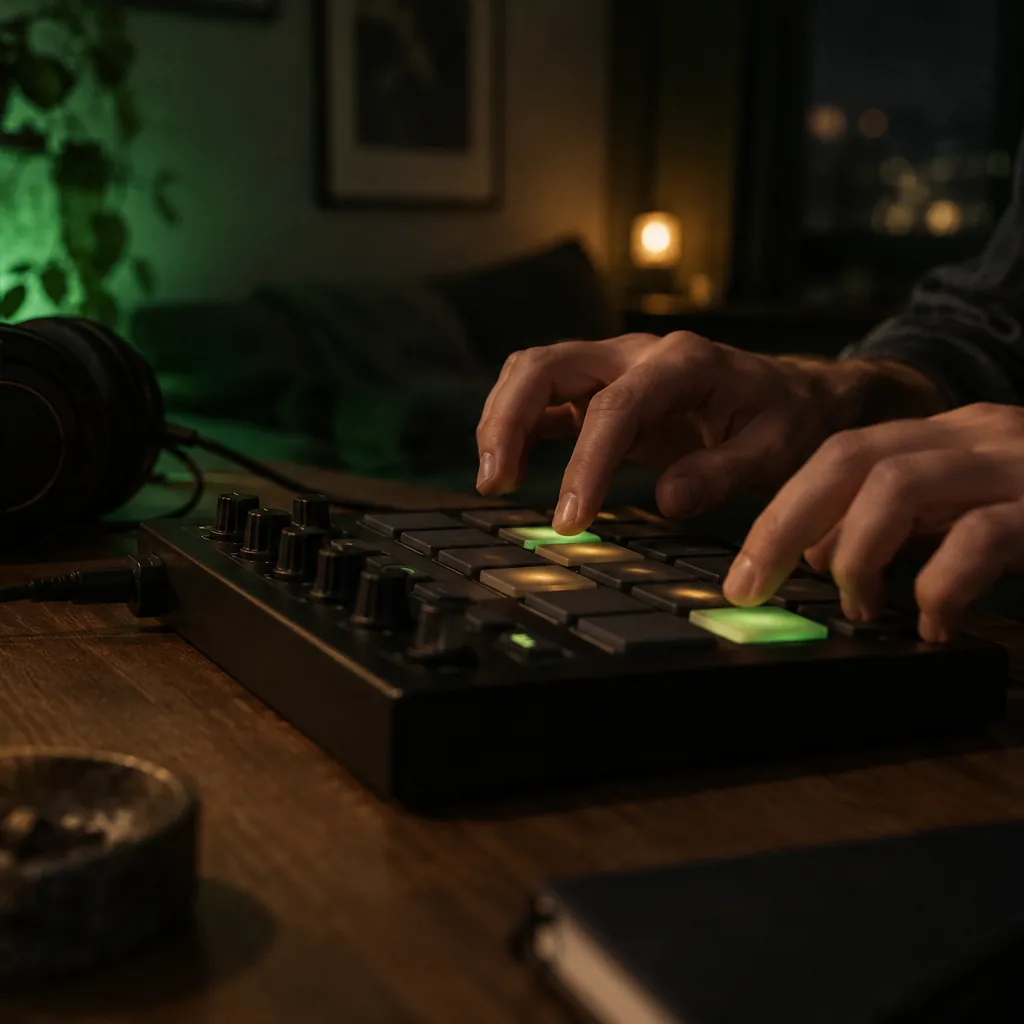 Fingers tapping glowing pads on a compact beat controller on a wooden desk