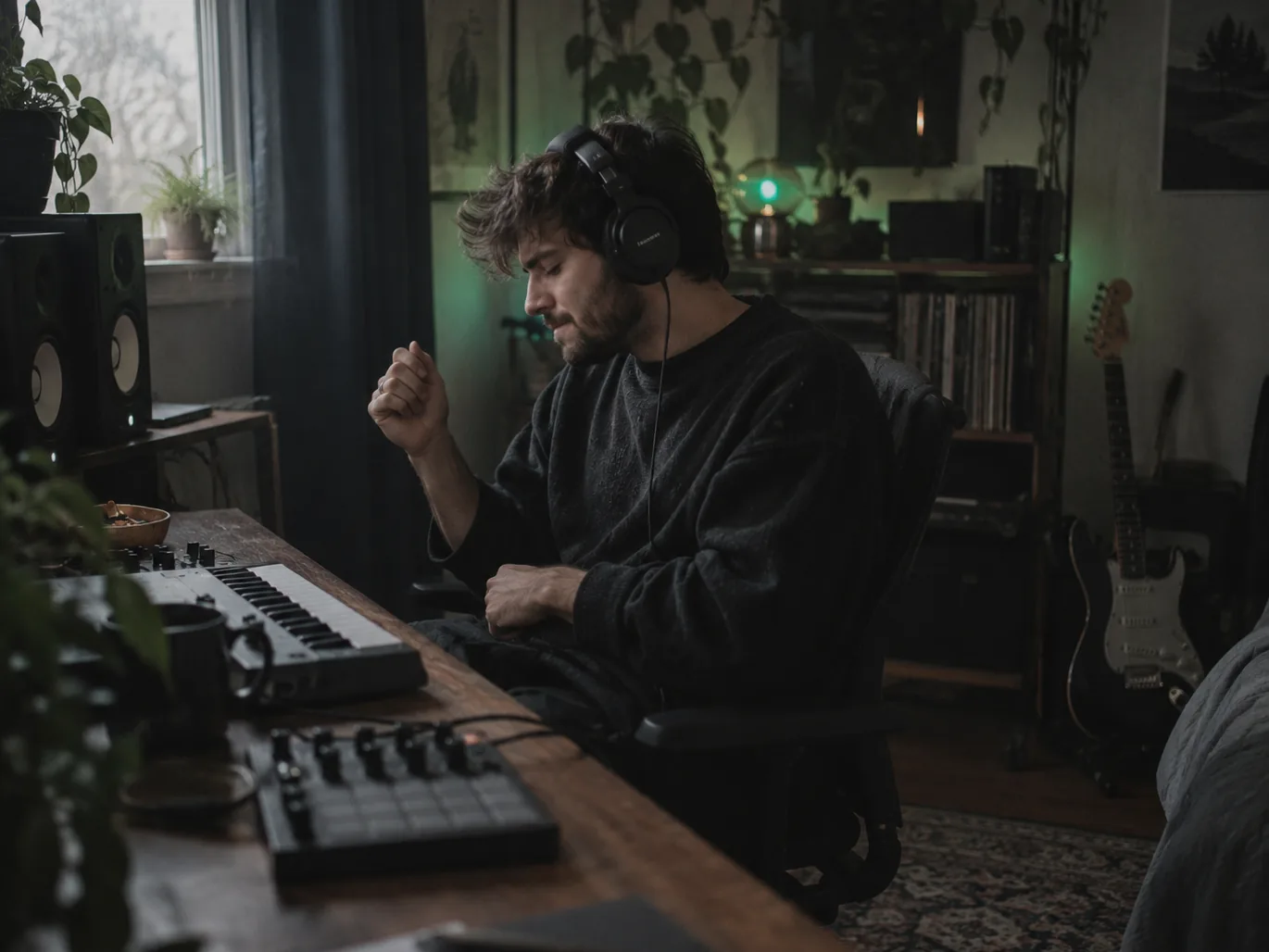 Bedroom producer with headphones nodding along to a beat at a desk with a keyboard and drum pads