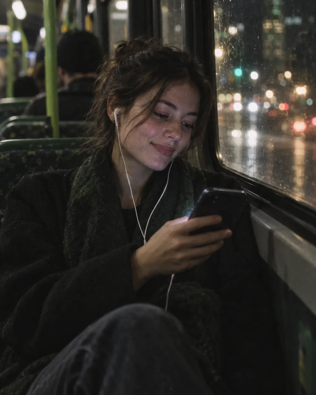Young woman on a night bus listening through earbuds to an instrumental track she just made
