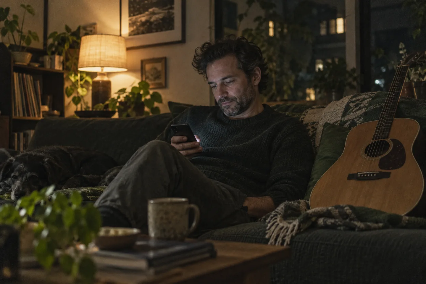 Man on a sofa in the evening writing a music prompt with a guitar beside him