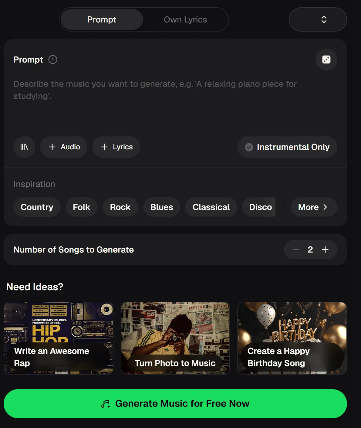 MusicCreator AI music app with prompt and own lyrics modes, audio and lyrics attachments, Instrumental Only switch, inspiration tags and number of songs setting
