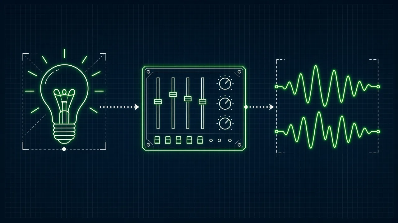 Blueprint-style line drawing of a lightbulb connected by dotted arrows to a mixing panel with sliders and knobs, which leads to two glowing sound waveforms