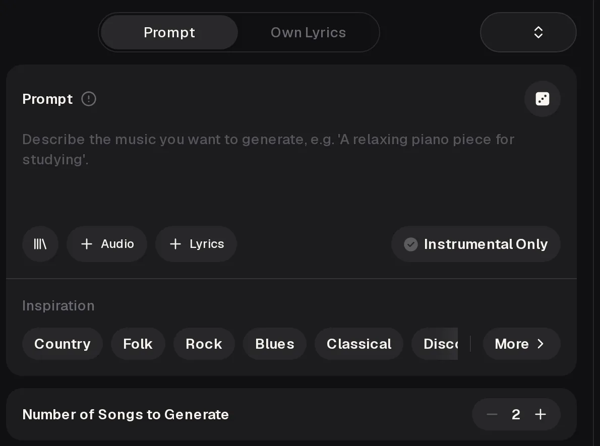 MusicCreator panel for AI music generation with Prompt and Own Lyrics tabs, a prompt box, Instrumental Only, Inspiration genre chips and a Number of Songs counter set to 2