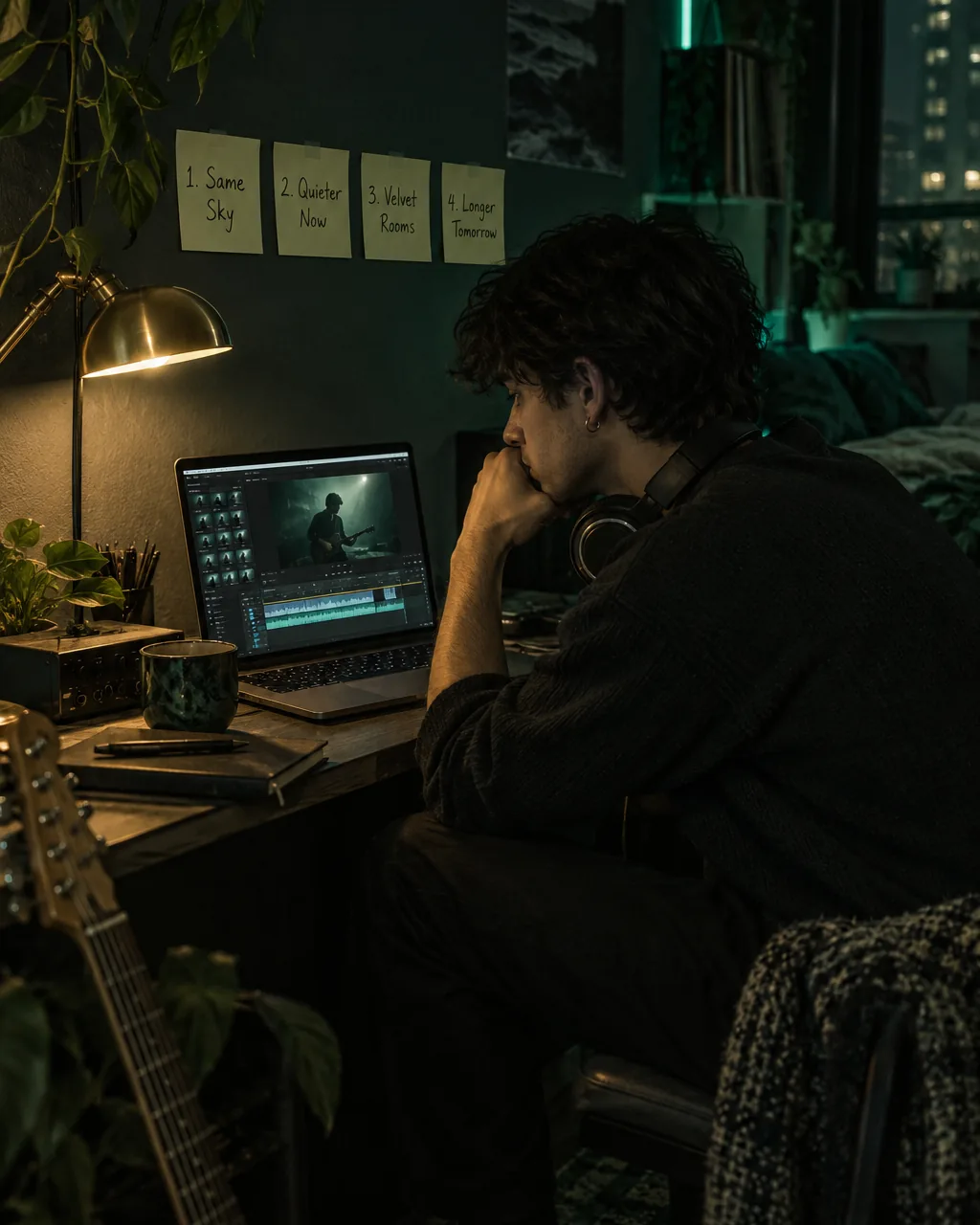Indie musician at a laptop in a bedroom studio at night, with sticky notes for EP track titles on the wall above the desk