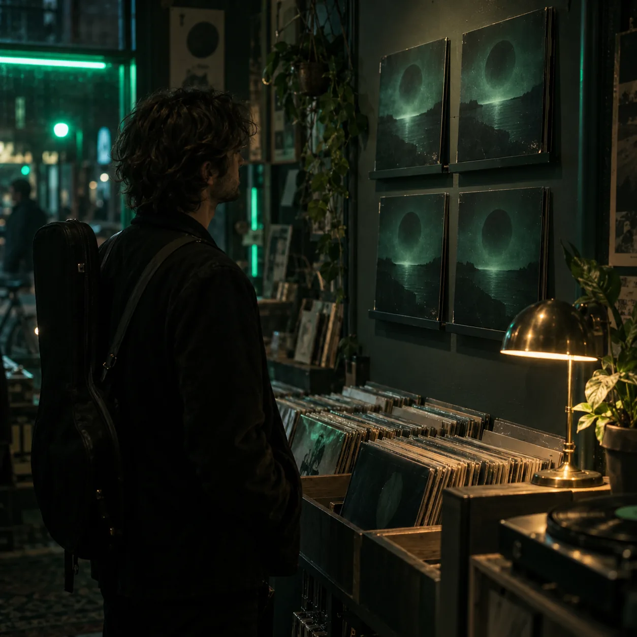 Musician in a dim record shop looking at a rack of four EP sleeves that share one cover design