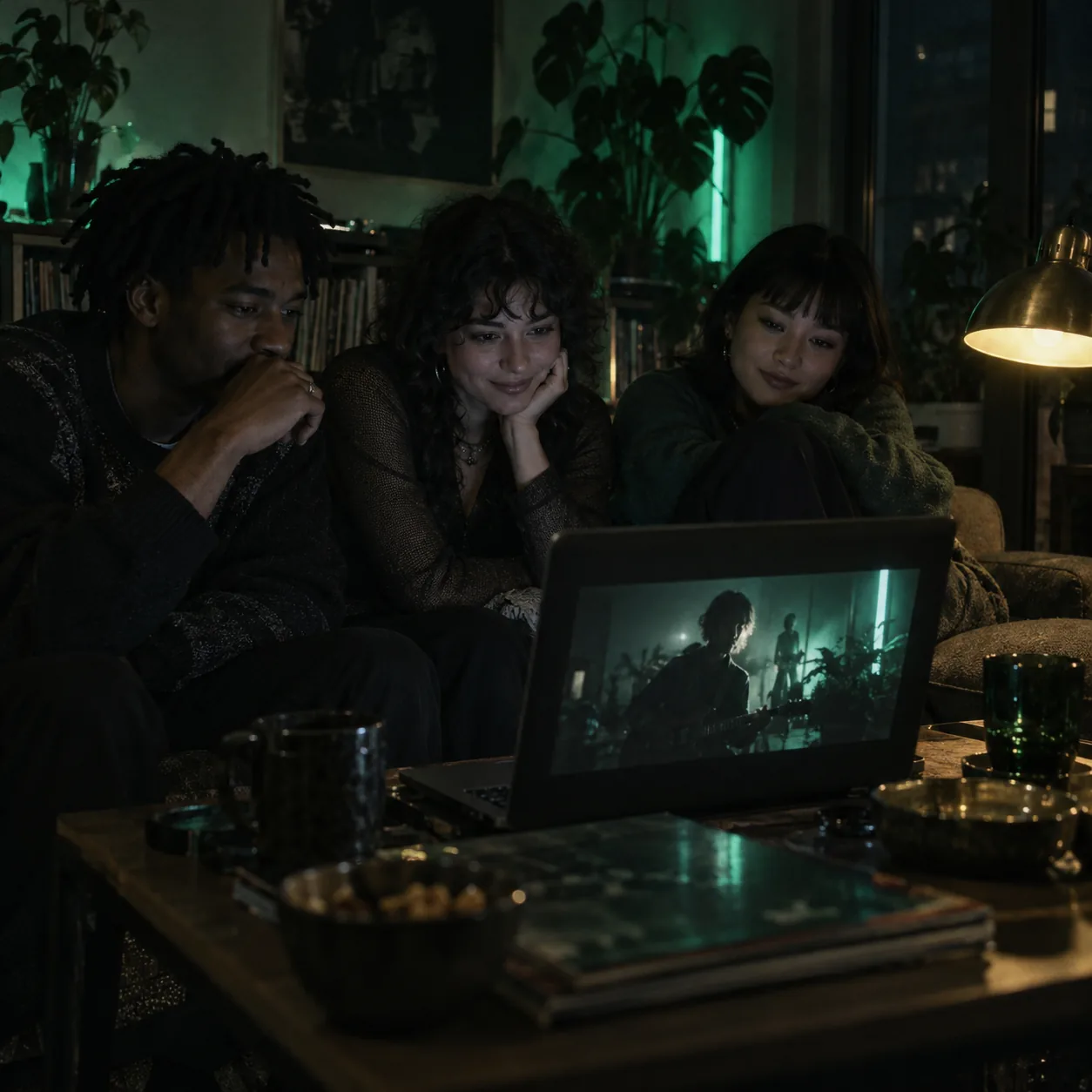 Three friends on a sofa at a small listening party watching a music video on a laptop, faces lit by the screen
