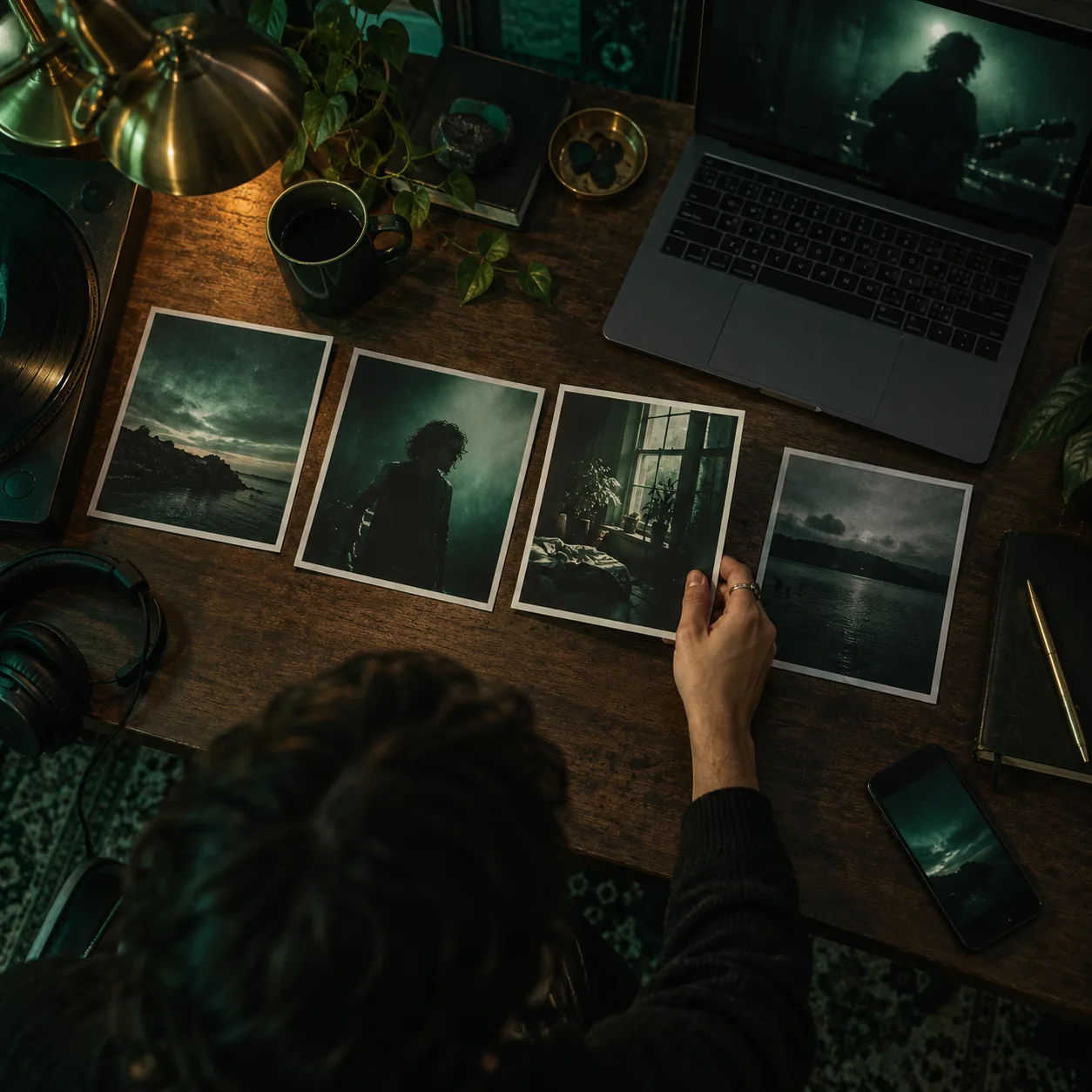 Overhead view of a desk with printed cover photos laid out in a row beside a laptop and phone, a hand choosing one