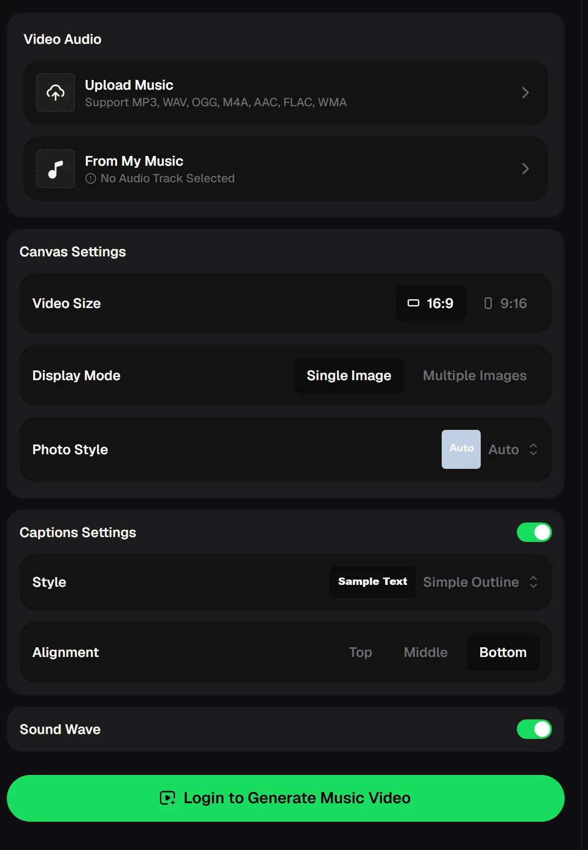 MusicCreator AI music video maker panel with Upload Music and From My Music, Video Size 16:9 or 9:16, Display Mode Single Image or Multiple Images, Photo Style, Captions Settings and a Sound Wave switch