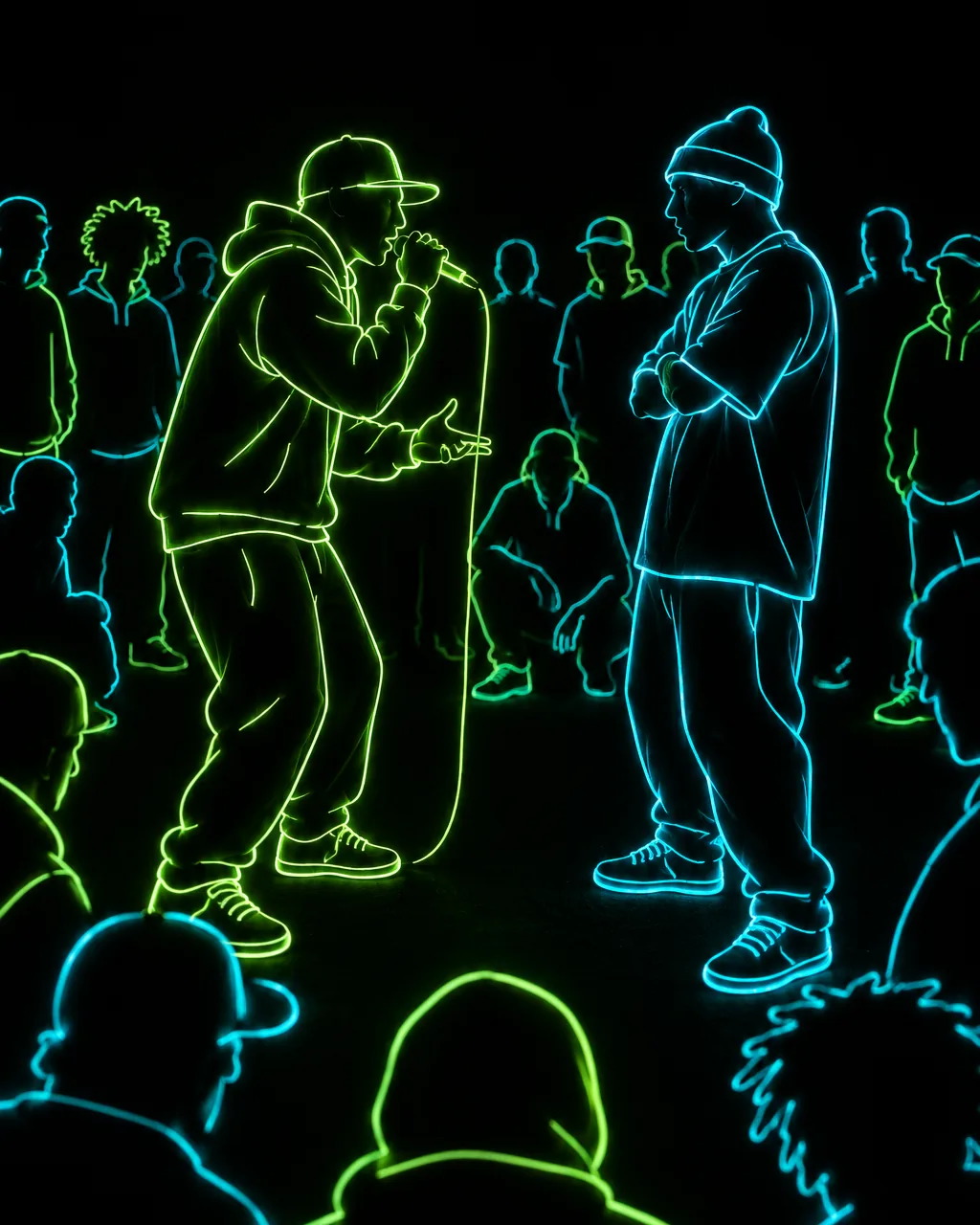 Two rappers outlined in glowing green and cyan EL wire facing off in a battle cypher with a ring of wire crowd silhouettes