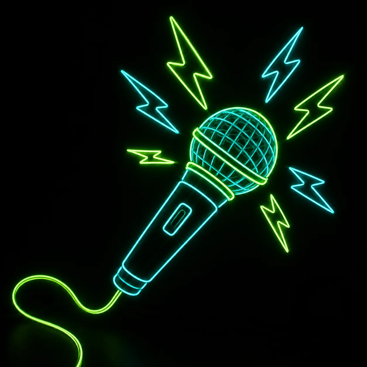 Glowing EL wire microphone with sharp lightning lines bursting out on a black background