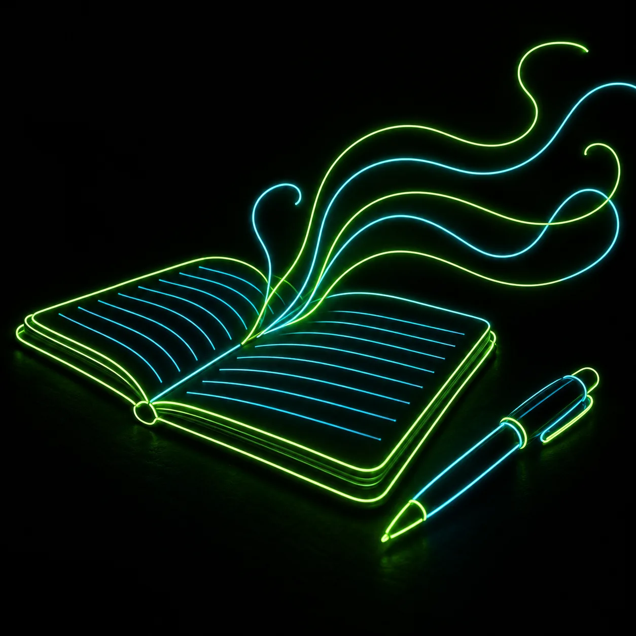Notebook and pen outlined in glowing green wire with rhyme lines flowing off the page as waves