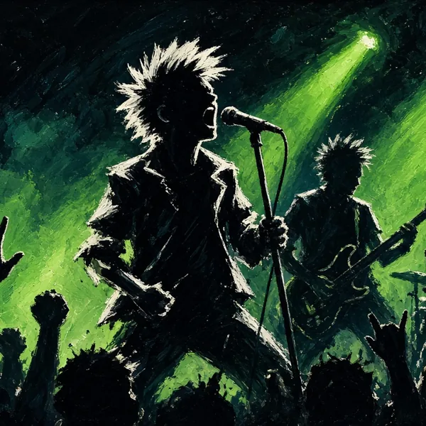 Gouache-style painting of a spiky-haired punk singer at a microphone with a guitarist and a cheering crowd under green stage light