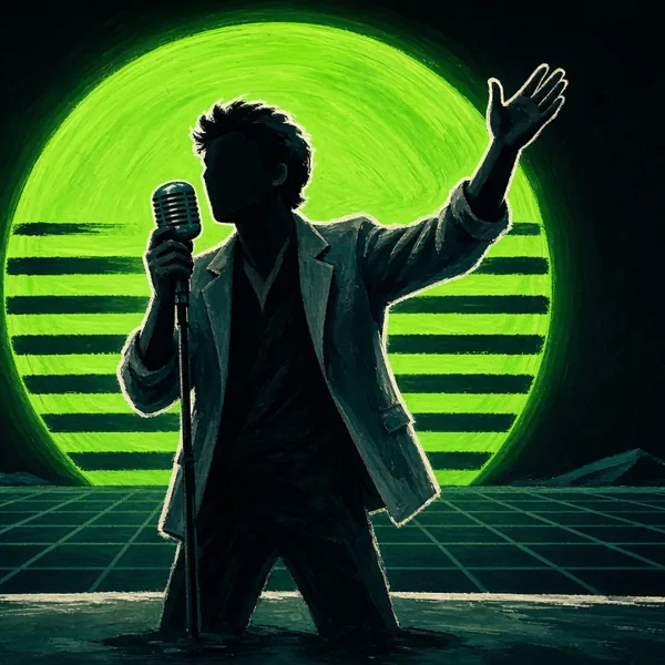 Gouache-style painting of a silhouetted singer raising one hand at a microphone in front of a glowing green sun over a neon grid