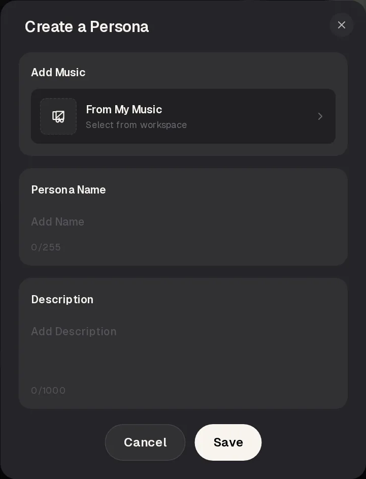AI singer generator Create a Persona window with an Add Music From My Music option, a Persona Name field, a Description field and Cancel and Save buttons