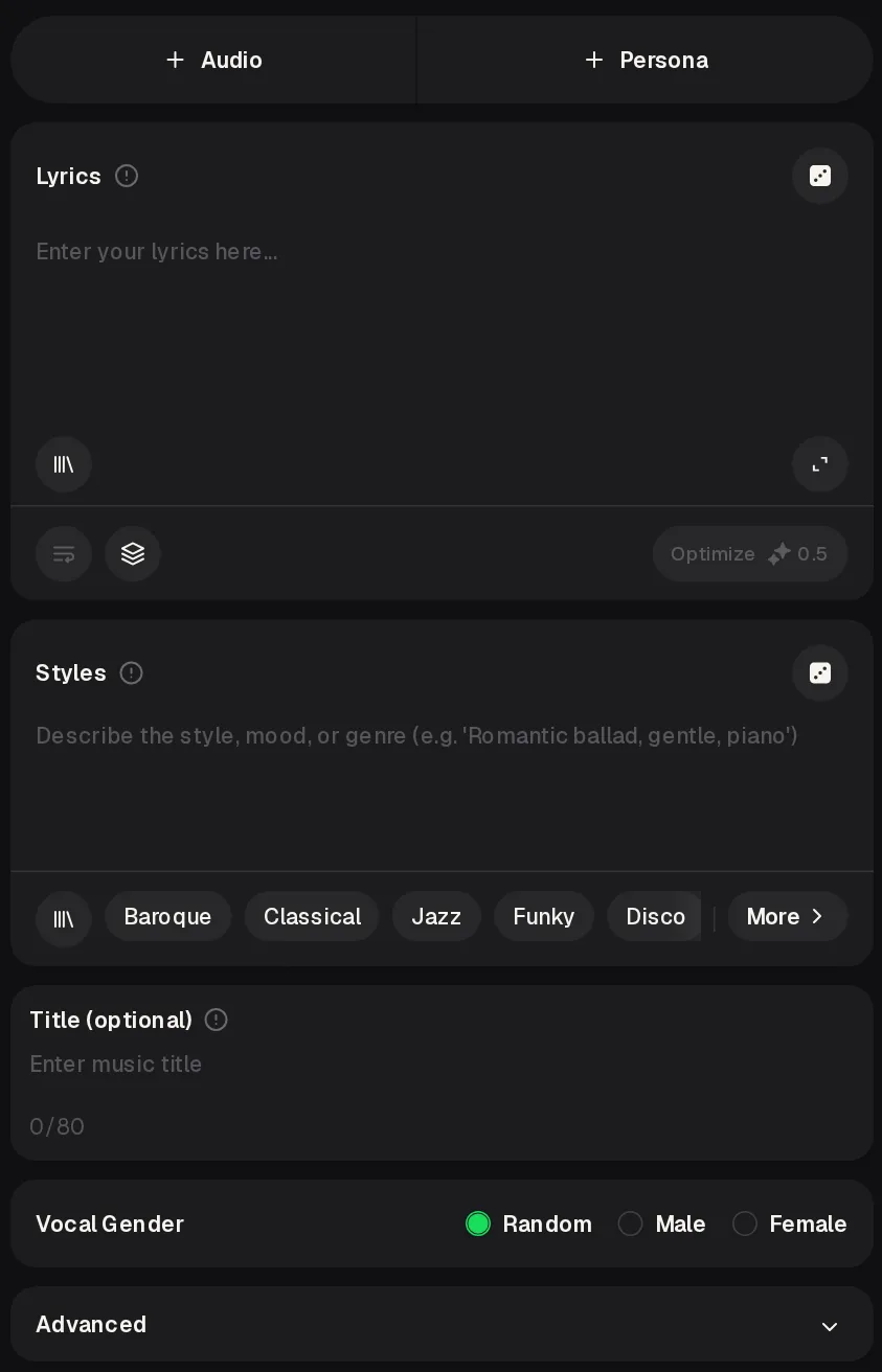 MusicCreator Own Lyrics form with Audio and Persona buttons, a Lyrics box, a Styles box with genre chips, an optional Title field, Vocal Gender options and an Advanced section